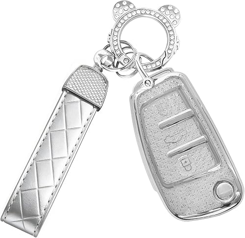 for Audi Key Fob Cover with Keychain,3 Buttons Soft TPU Protector Bling Car Keys Case Shell Compatible with Audi A1 A3 Q3 Q7 R8 A6L TT Smart Remote Key For Women(Silver Clear)