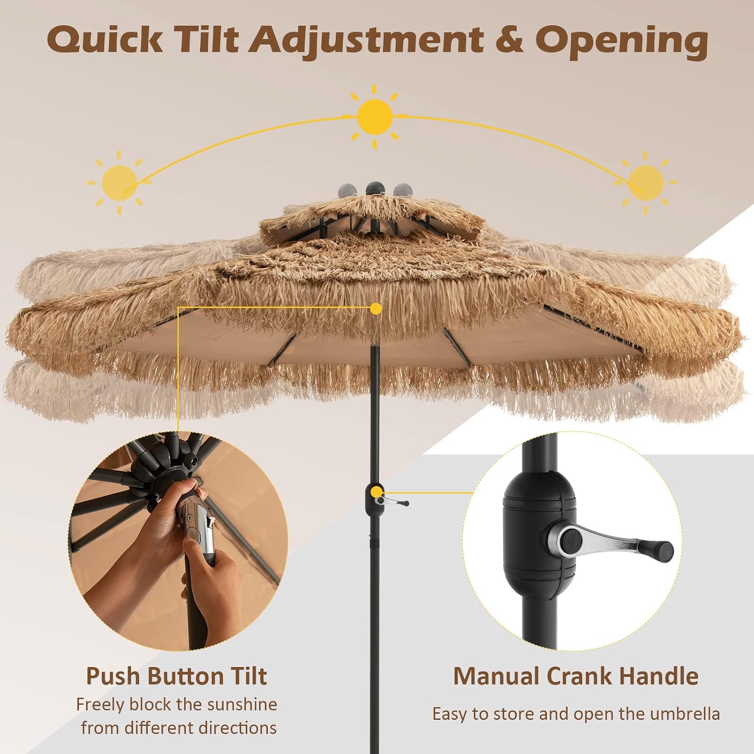 RELAX4LIFE 9FT Thatched Tiki Patio Umbrella - 2-Tier Hawaiian Hula Style Beach Umbrella w/8 Ribs, Tilt Adjustment & Crank Lift, Straw Grass Pool Umbrellas, Tropical Palapa Tiki Umbrella Outdoor Patio