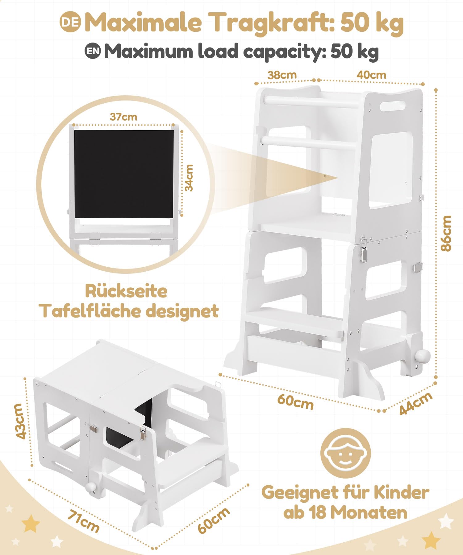Yorbay 3 in 1 Lernturm ab 1 Jahr: Montessori Lernturm mit Tafel - Learning Tower für Kinder mit Sicherheitsfüßen - Der Tritthocker Verwandelbar in Kindertisch und Stuhl - für Küche Tisch Bad