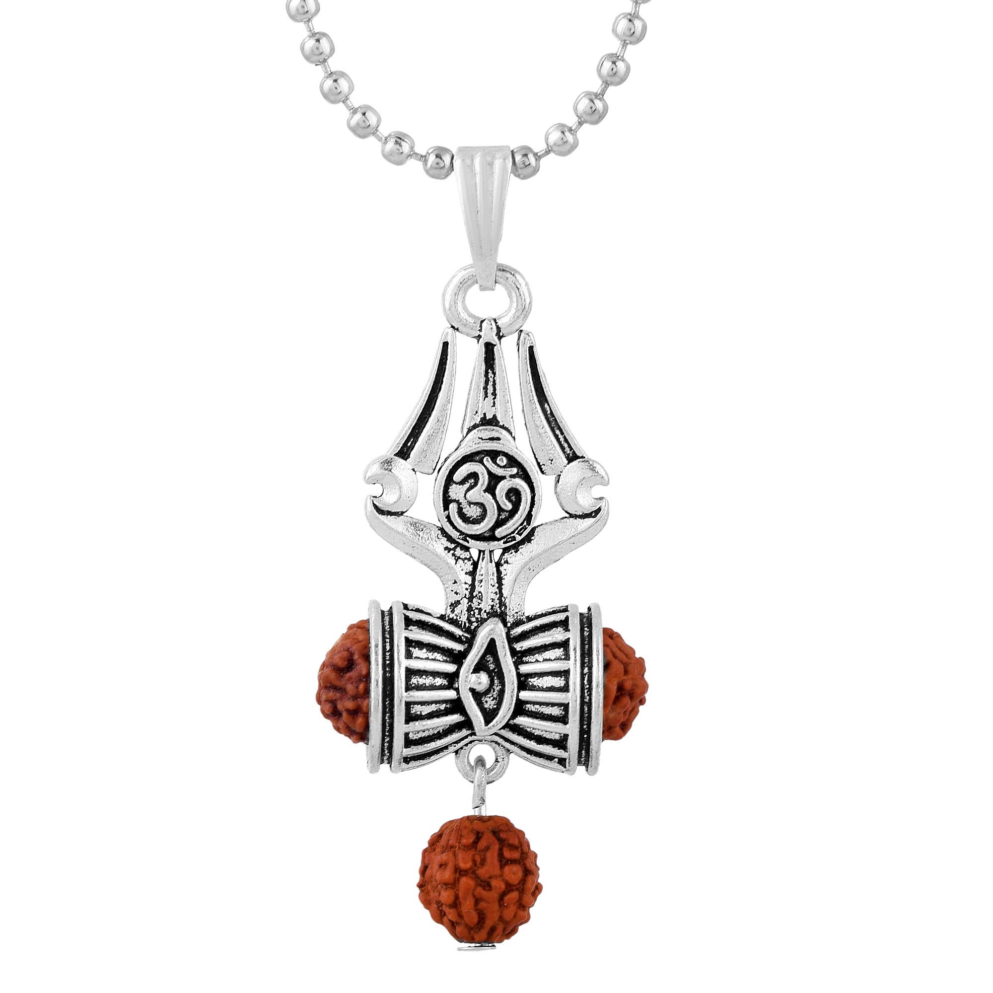 Solid Oxidize Silver Plated Handcrafted Mahadev Bholenath/Mahakal Shiv Trishul OM/? Made in Trident Third Eye Texture Damru and Rudraksha Beads Religious Spiritual Jewellery for Men/Women-image-31