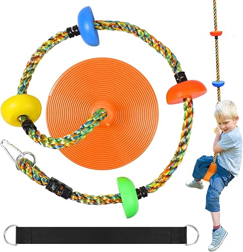 Miniatura 1 de Tree Swing - Cuerda de escalada arco iris, repuesto de asiento de disco giratorio resistente para niños con correa para colgar y mosquetones de
