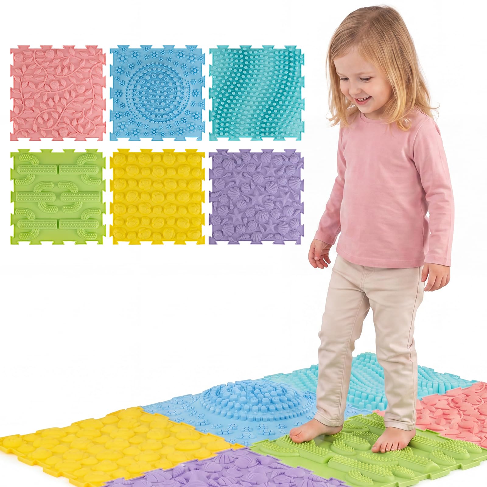 COSTWAY 6 PCS Tactile Sensory Mats, Puzzle Floor Tiles (Macaron)