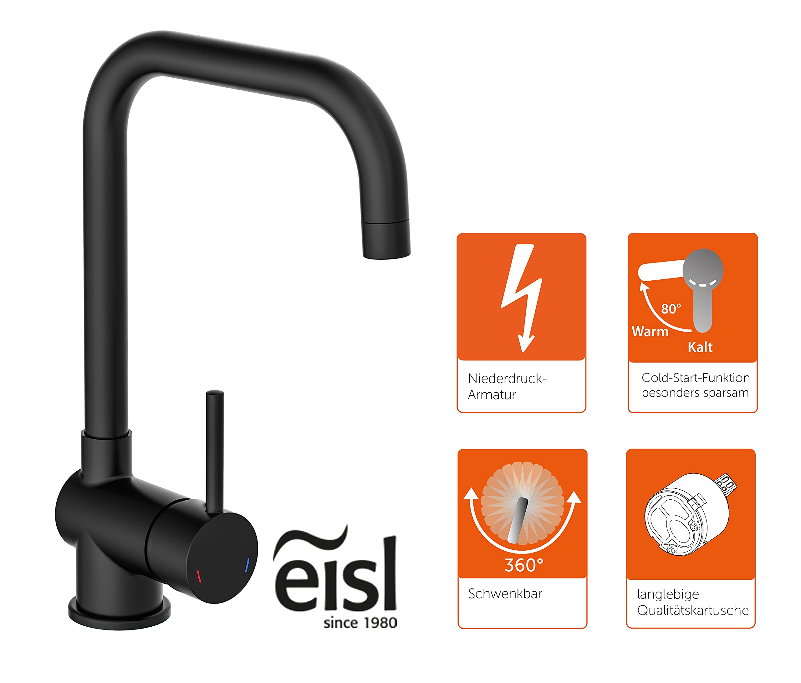 EISL FUTURA Spültischarmatur, Niederdruck Armatur Küche, energiesparende Küchenarmatur, Wasserhahn Küche 360° schwenkbar, Einhebelmischer Schwarz matt, NI182GABL-LP