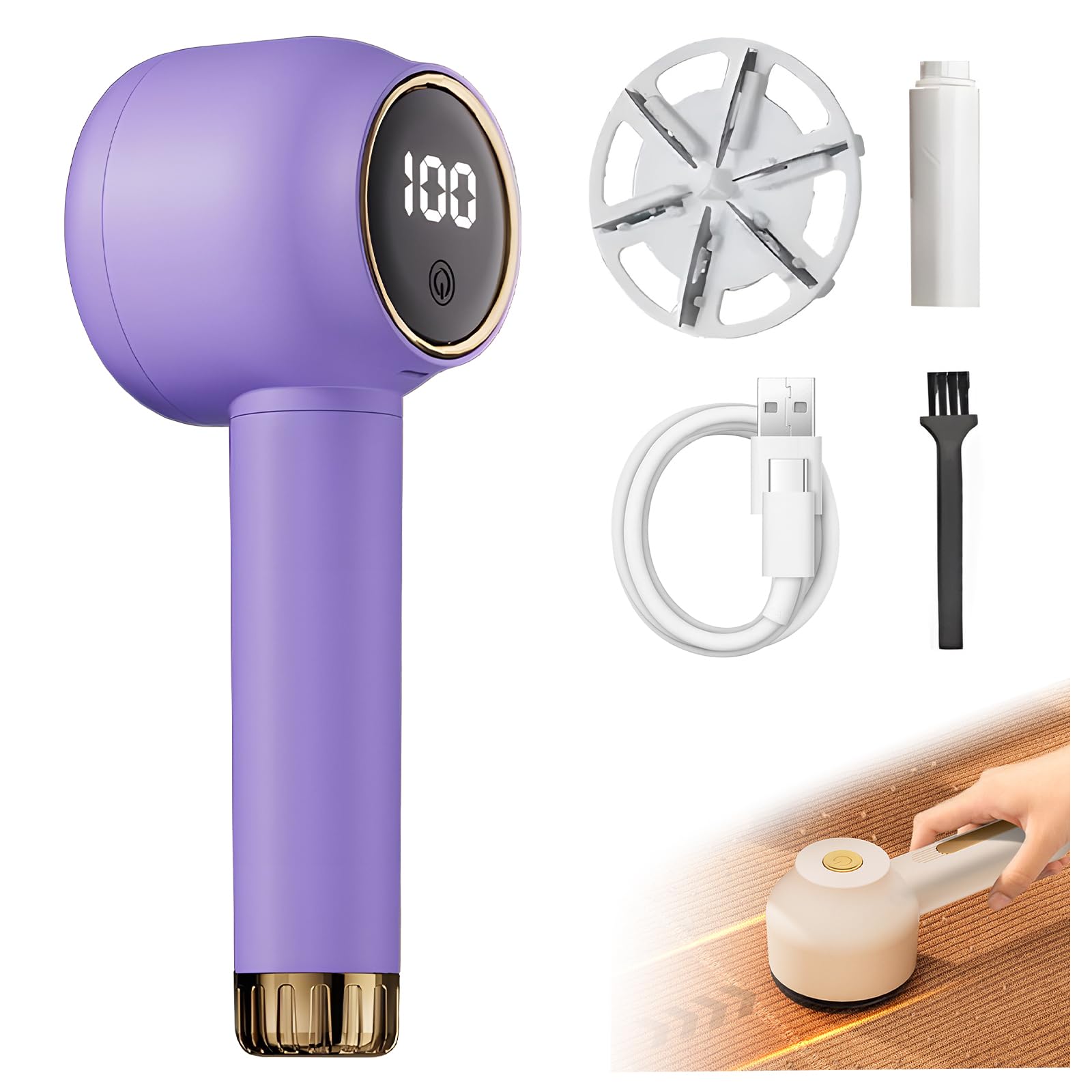 Quitapelusas eléctrico, afeitadora de tela recargable de alta calidad: potente afeitadora portátil de 6 cuchillas para ropa, mantas, sofás para quitar bolitas (morado, pantalla LED)