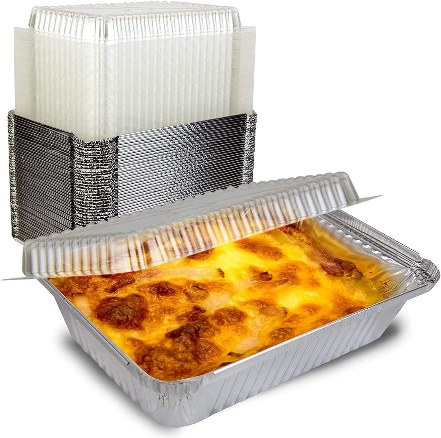 Aluminum Oblong Pans 2.25 Lb with Aluminum Board and Dome Lids | Heavy Duty Disposable Foil Baking Trays for Oven Freezer Meal Prep Catering Storage | Set of 500