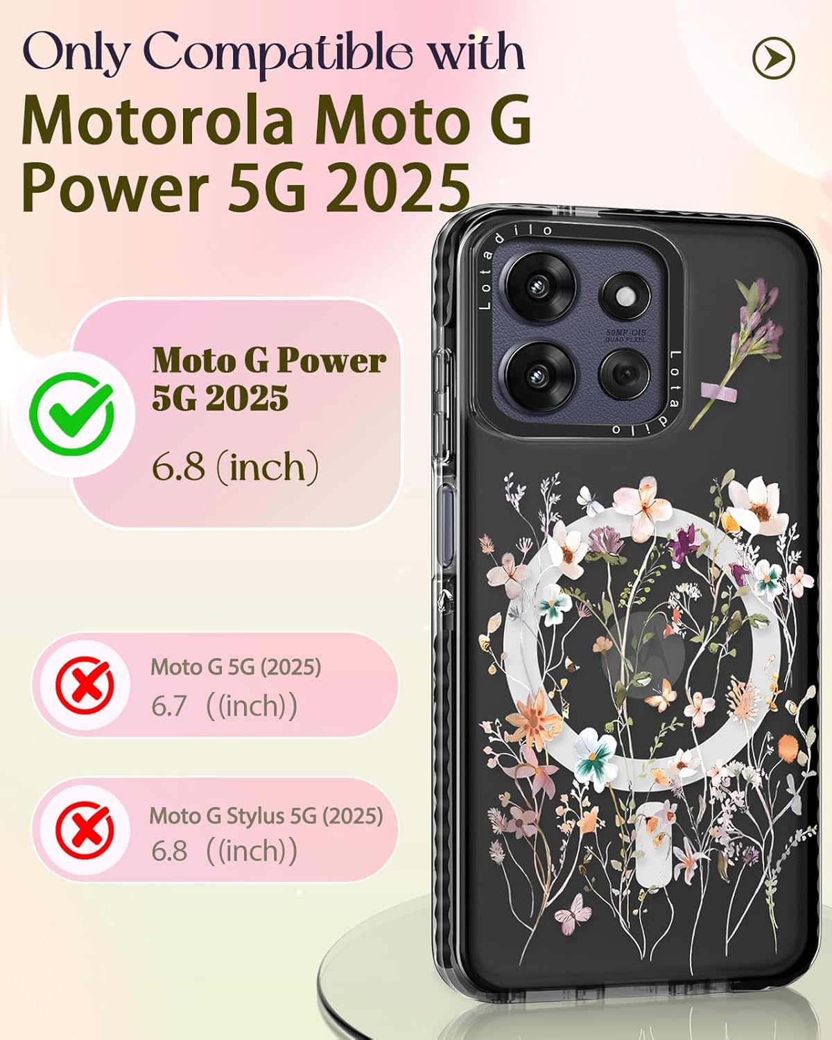 Lotadilo Cute Case for Moto G Power/Play 5G 2025 for Women Girls - Funny Dried Flower Design Compatible with Magsafe Ring Holder Magnetic Stand Kickstand Fashion TPU Phone Covers Kawaii Dried Flower for Moto G Power/Play 5G 2025
