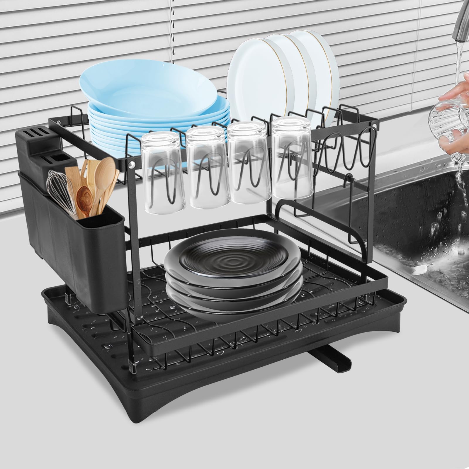 Escurreplatos de acero inoxidable, escurridor de platos, bandeja de goteo de 2 niveles, escurridor de platos para platos, tazas, tabla de cortar (negro)