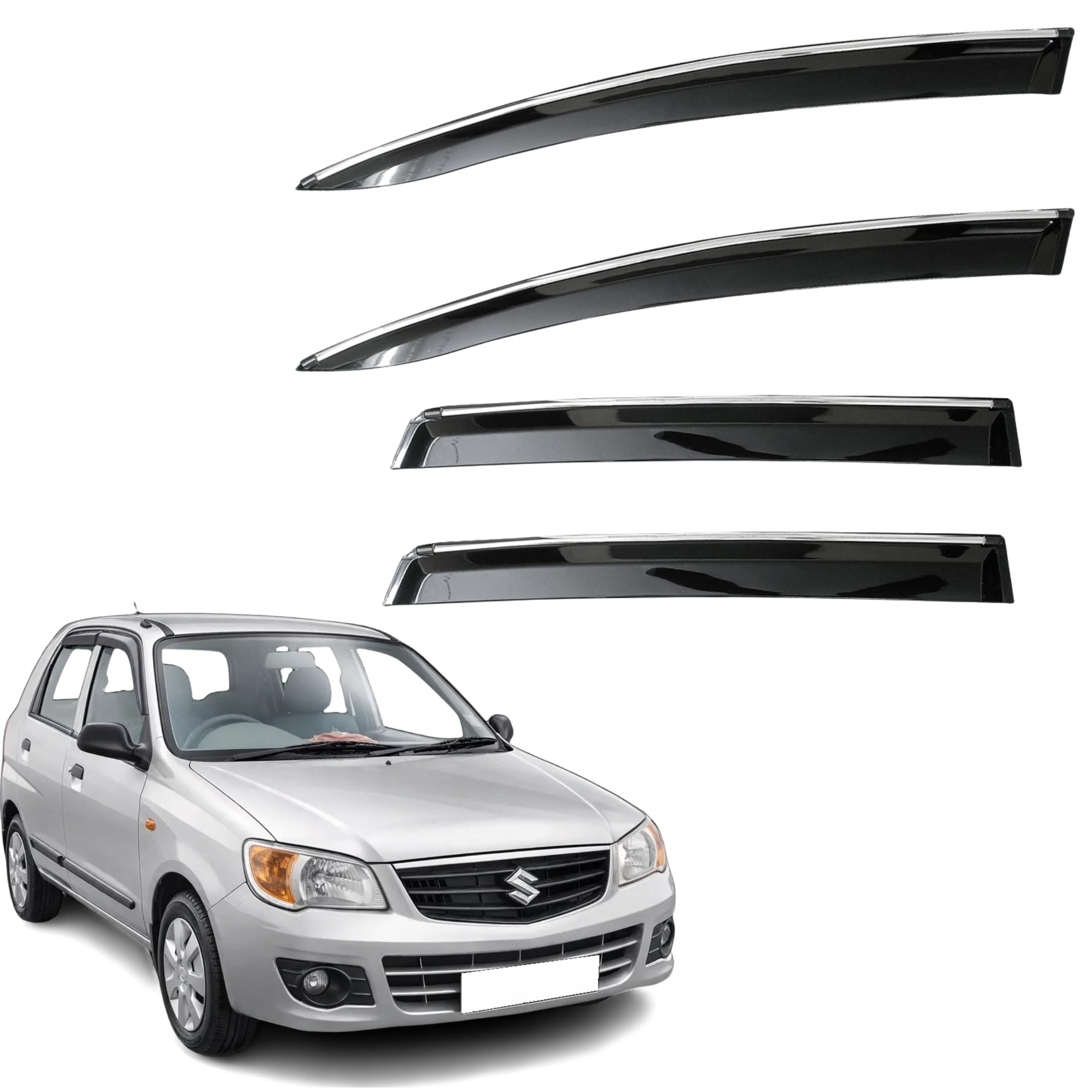 CAR SAAZ Unbreakable Chrome Smoke Door Visor for Alto K10 Type 2 (2010-2014)| Premium Sun, Rain Wind Deflector Chrome Strip Side Door Rain Visor – Set of 4 Pcs
