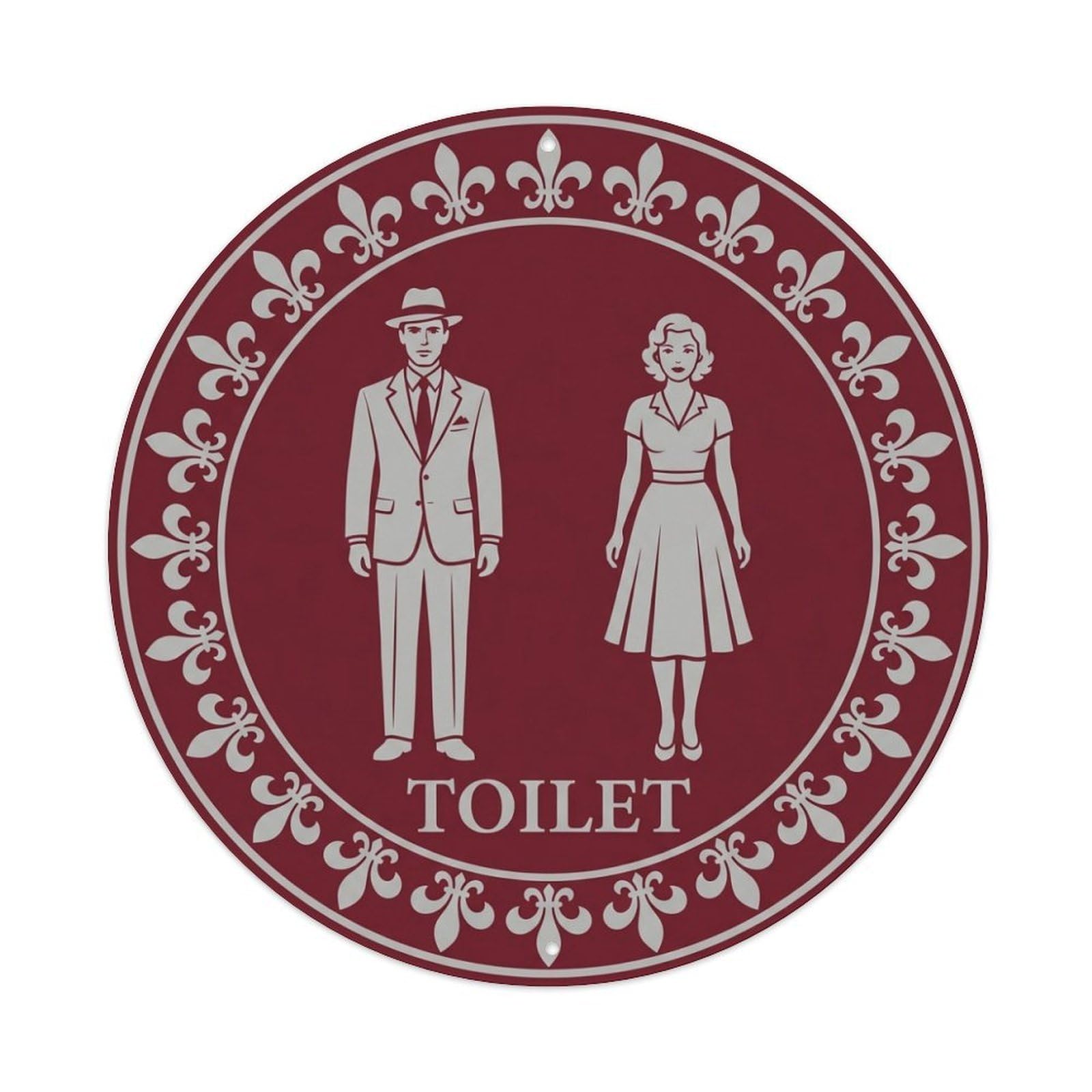Restroom Notice Toilet Burgundy Silver Fleur Metal Tin Sign