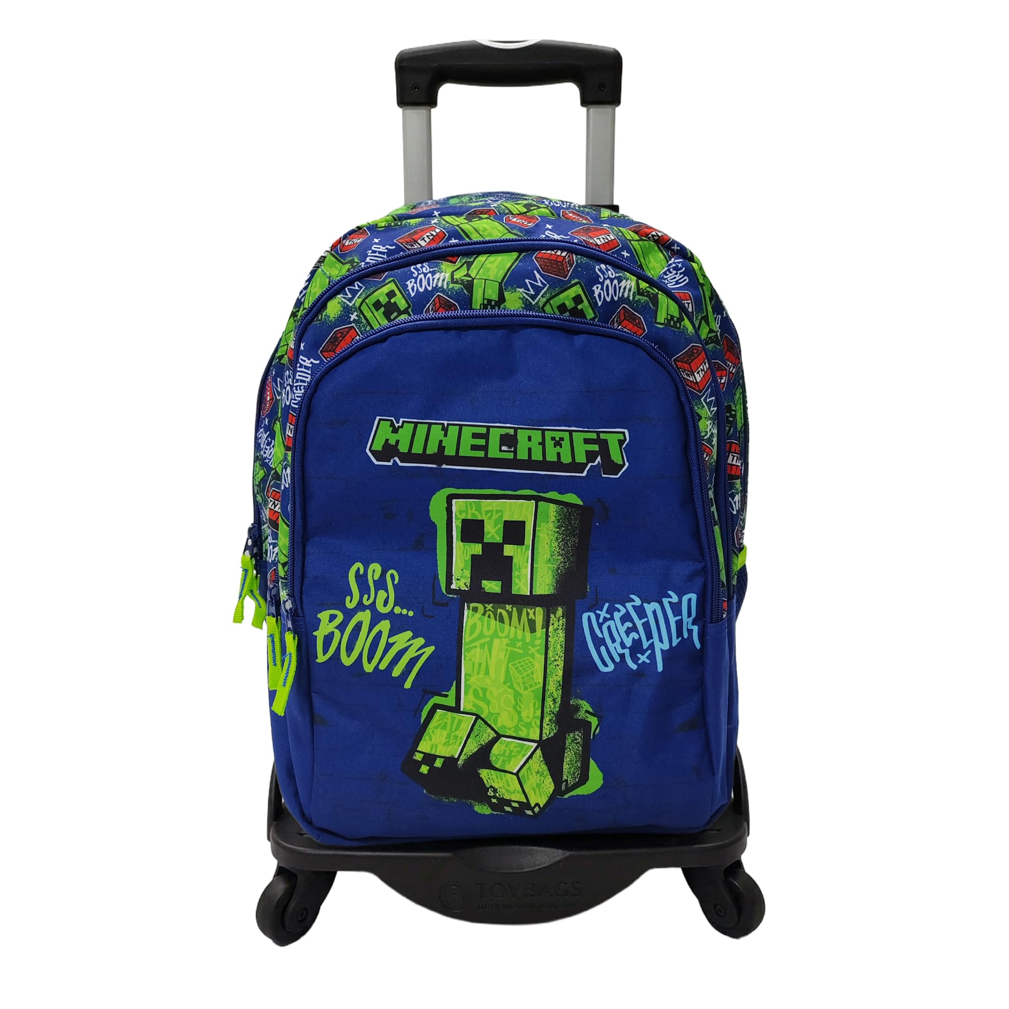 ToyBags Mochila Escolar Minecraft Boom Creeper Doble Compartimento Adaptable con Carro Negro con Protección Lateral y Stoper Frontal Anti Caída 4 Ruedas Giratorias - 44 x 30 x 20 cm