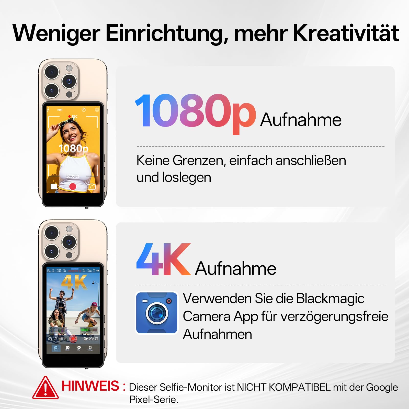Moman Selfie Monitor Handy 3,97" für iPhone & Android, Handy Monitor Bildschirm Magnetisch für iPhone 17, Rückkamera Selfie Kabellos 50m für Vlog TikTok Live Stream - Schwarz