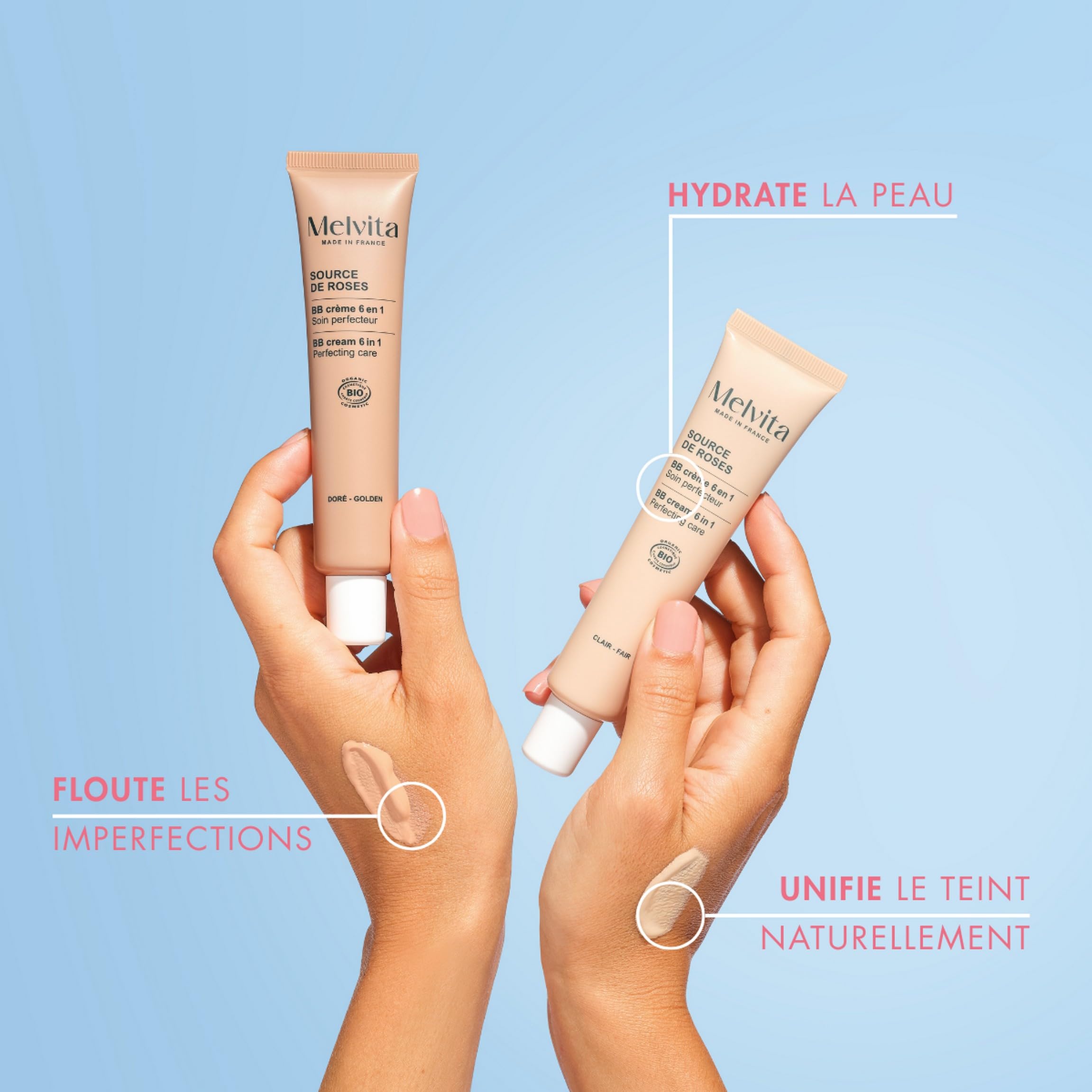Melvita - BB Crème Source de Roses - Hydrate et Unifie le teint - Adaptés à tous types de peaux - Fabriqués en France