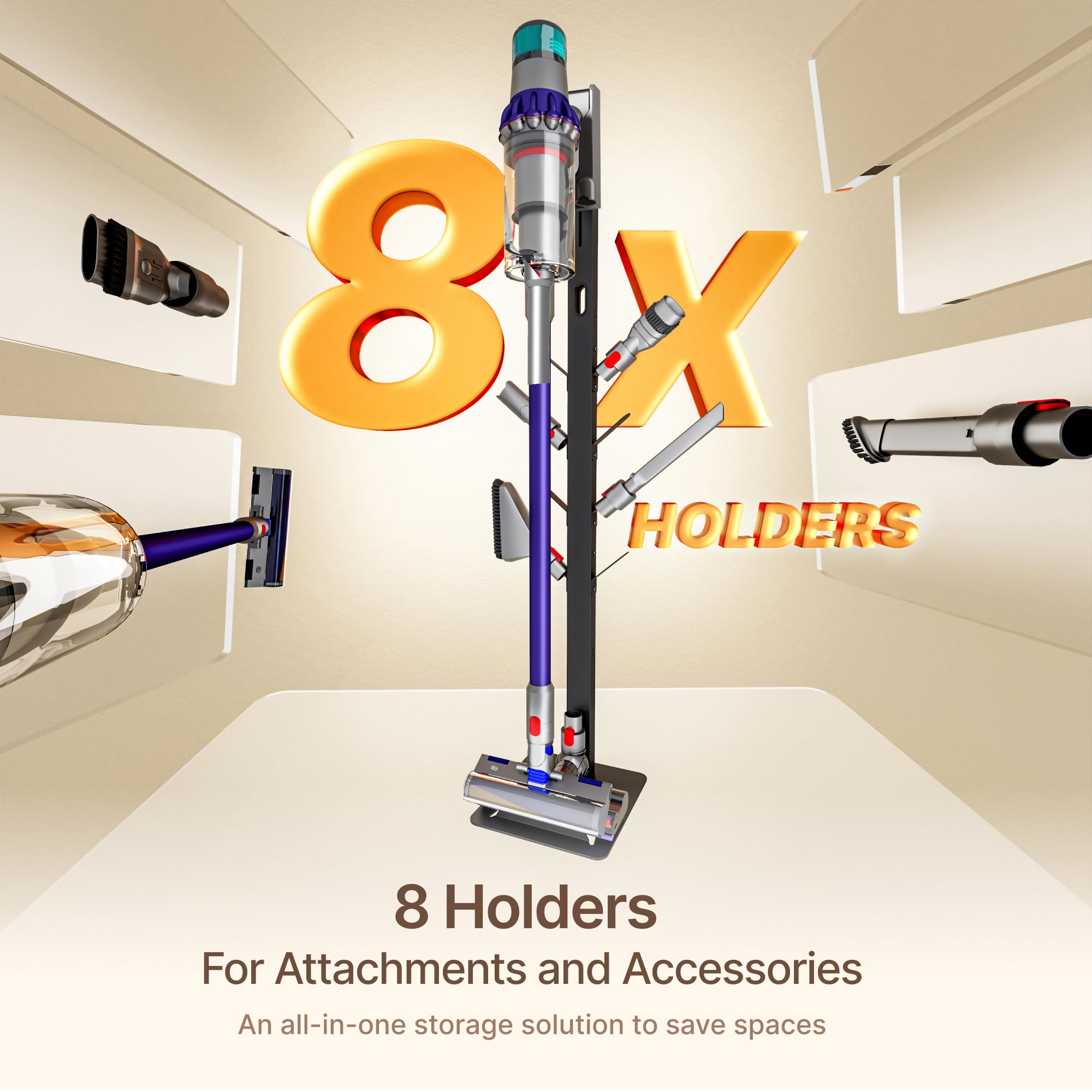 PEGZONE Vacuum Stand for Dyson Gen5 V15 V12 V11 V10 V8 V7 V6, Tineco S11 A10 A11, Eureka NEC180 280TL, Cordless Vacuum Cleaner Holder with 8 Storage Hooks, Accessories & Attachments Organizer, Black