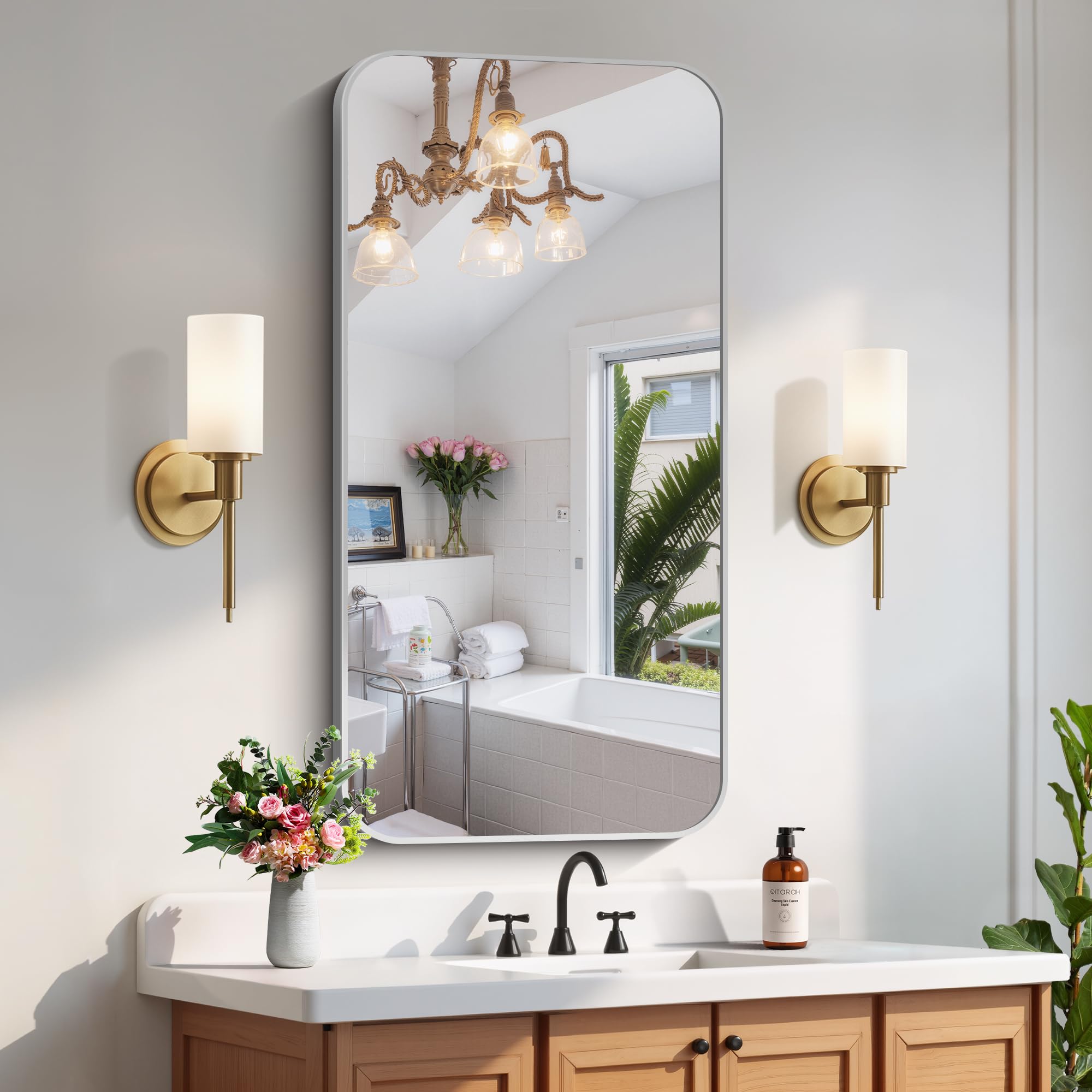 FORBATH 24x48 Inch Silver Bathroom Mirror for Over Sink Narrow Rectangular Full Length Mirror with Metal Frame Rounded