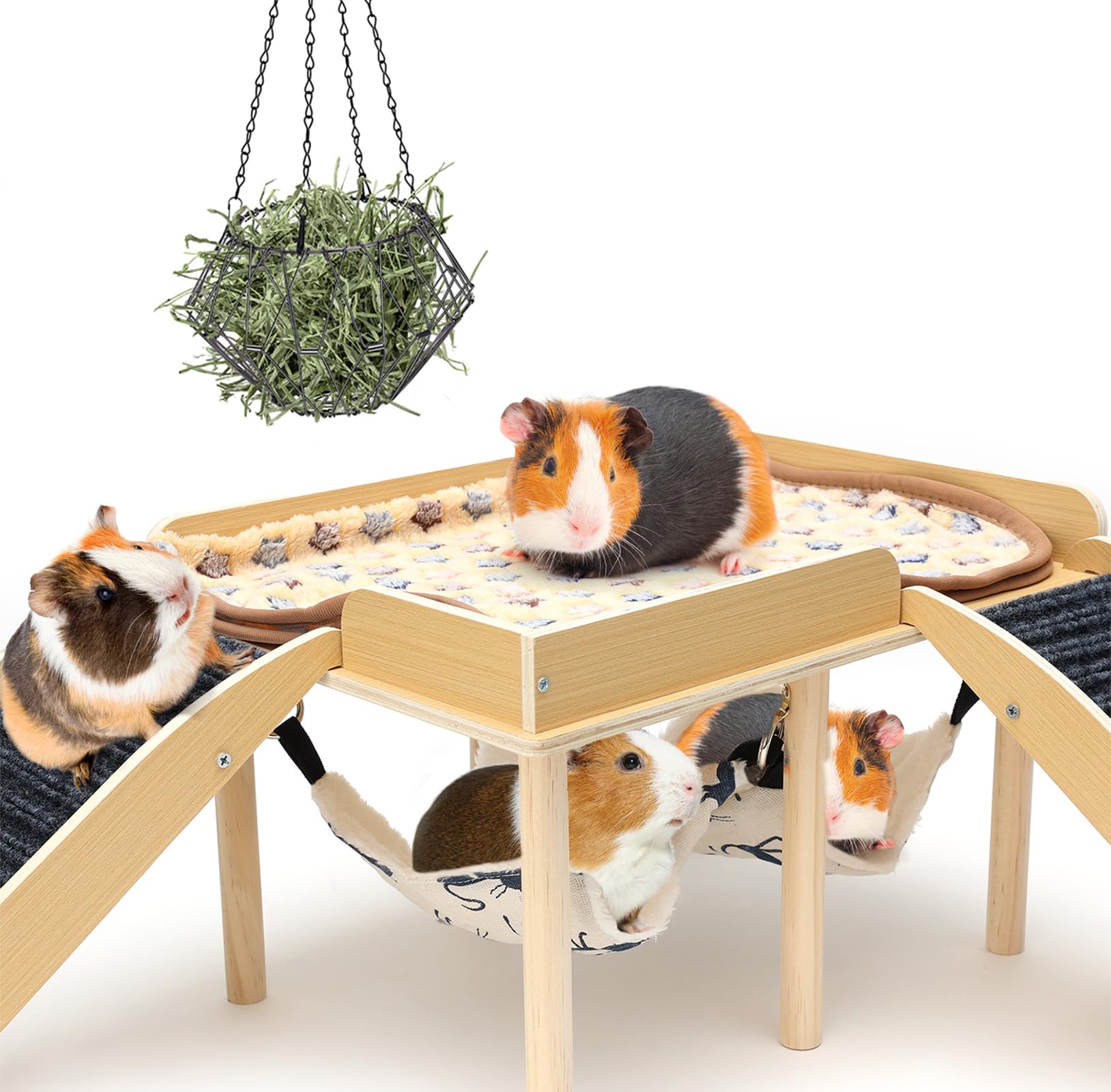 Kaninchen Heuraufe, Hasen Futterstation, Meerschweinchen Spielzeug Zubehoer, Food-Ball mit Meerschweinchen Haus aus Holz Mit Hängematte, 2 Rampe, Versteck für Zwerg Hamster Rennmäuse