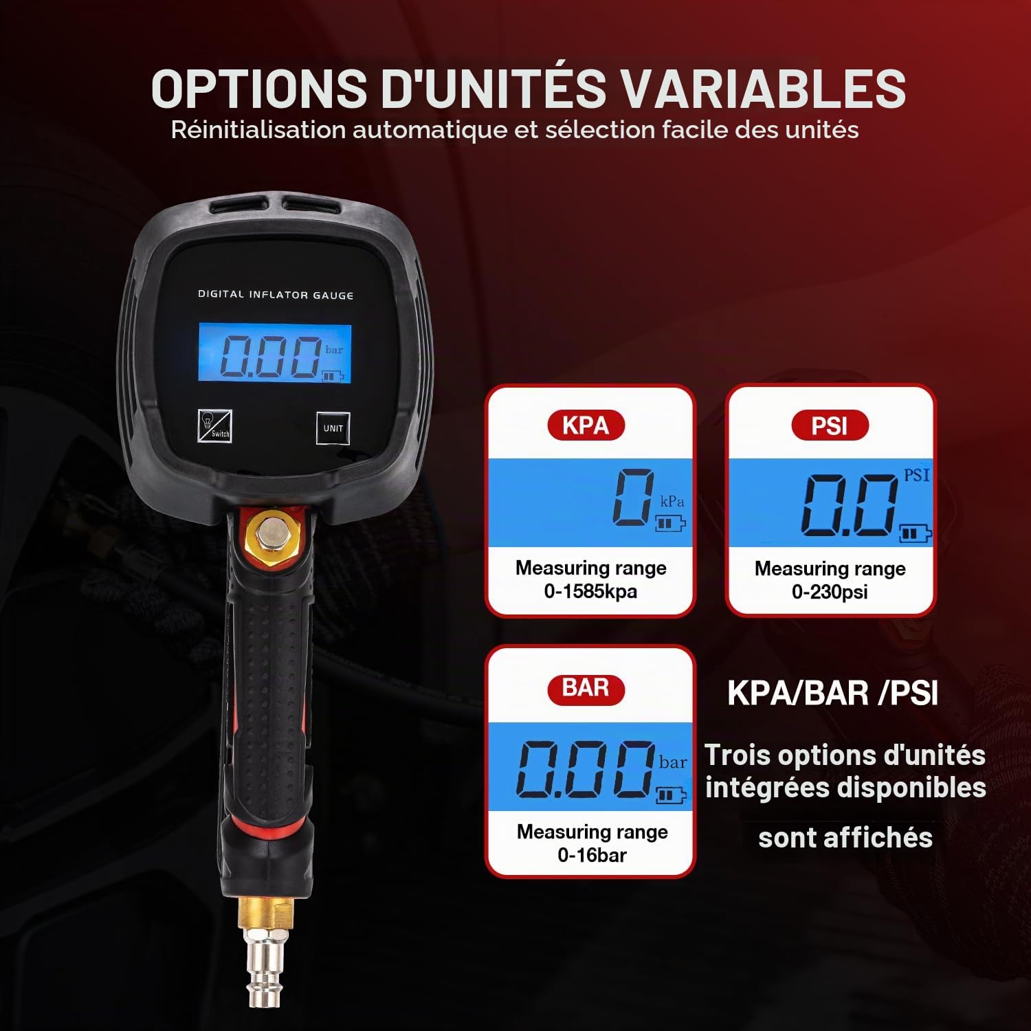 ORAZIO 4 en 1 Manometre Pression Pneu Gonfleur Pneu Numérique 230 PSI avec Écran LCD, Accessoire Compresseur à Air Outil de Pneu pour Véhicules Robuste Voiture Moto Vélo
