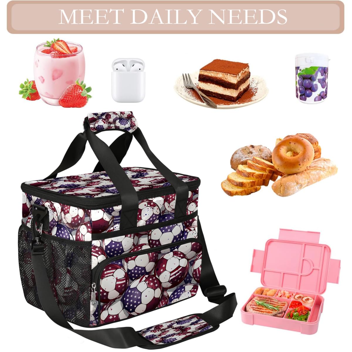 Mexpekil Borsa termica riutilizzabile a prova di perdite per il pranzo da picnic americana Soccer Lunch Box Sport Football Cooler Tote per donne uomini lavoro campeggio spiaggia ufficio 24 lattine 15L