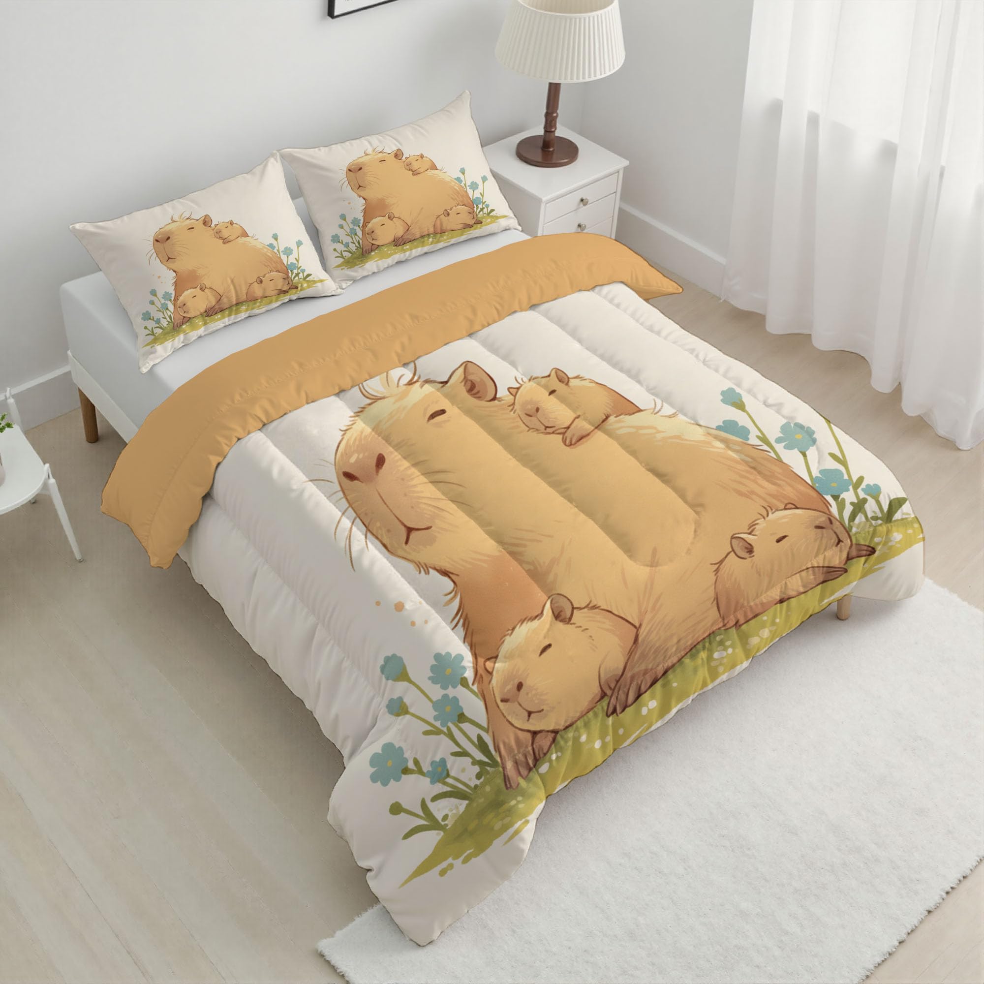 Trapunta Invernale in Ecopiuma, 260x230cm Set Piumone Libri Per Bambini Imbottita 200 gr/mq Caldo e Morbido Piumino Trapuntato Capibara Carini Coperta Letto Reversibile per 4 Stagioni, Marrone Chiaro