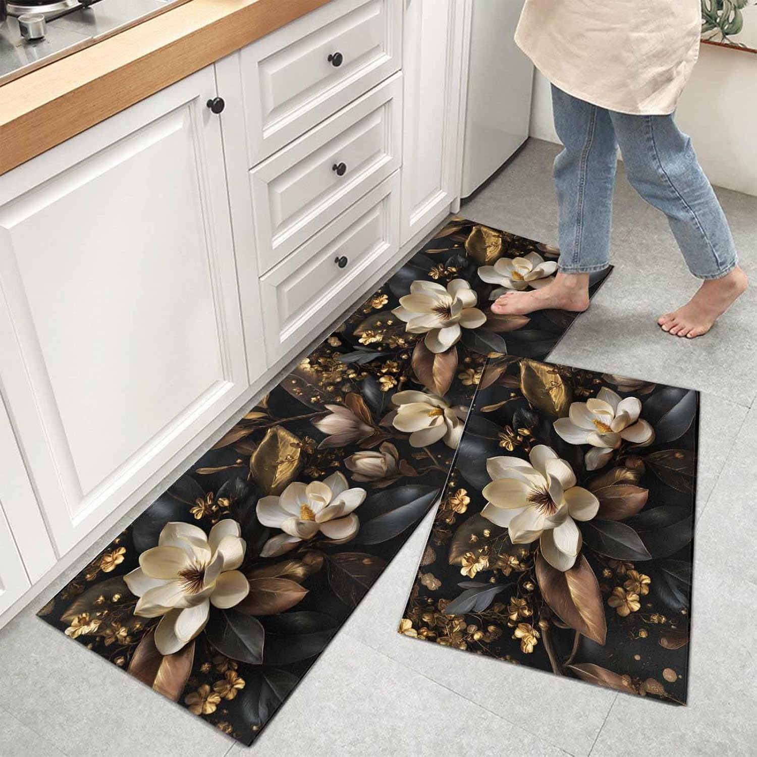 Kitchen Mats for Floor Retro Gorgeous Bloom Magnolias Washable Non Slip Kitchen Rugs 2PCS, Luxurious Flower Gold Absorbent Standing Mats for Sink Bathroom Office Living Room 15.7x23.6in+15.7x47.2in
