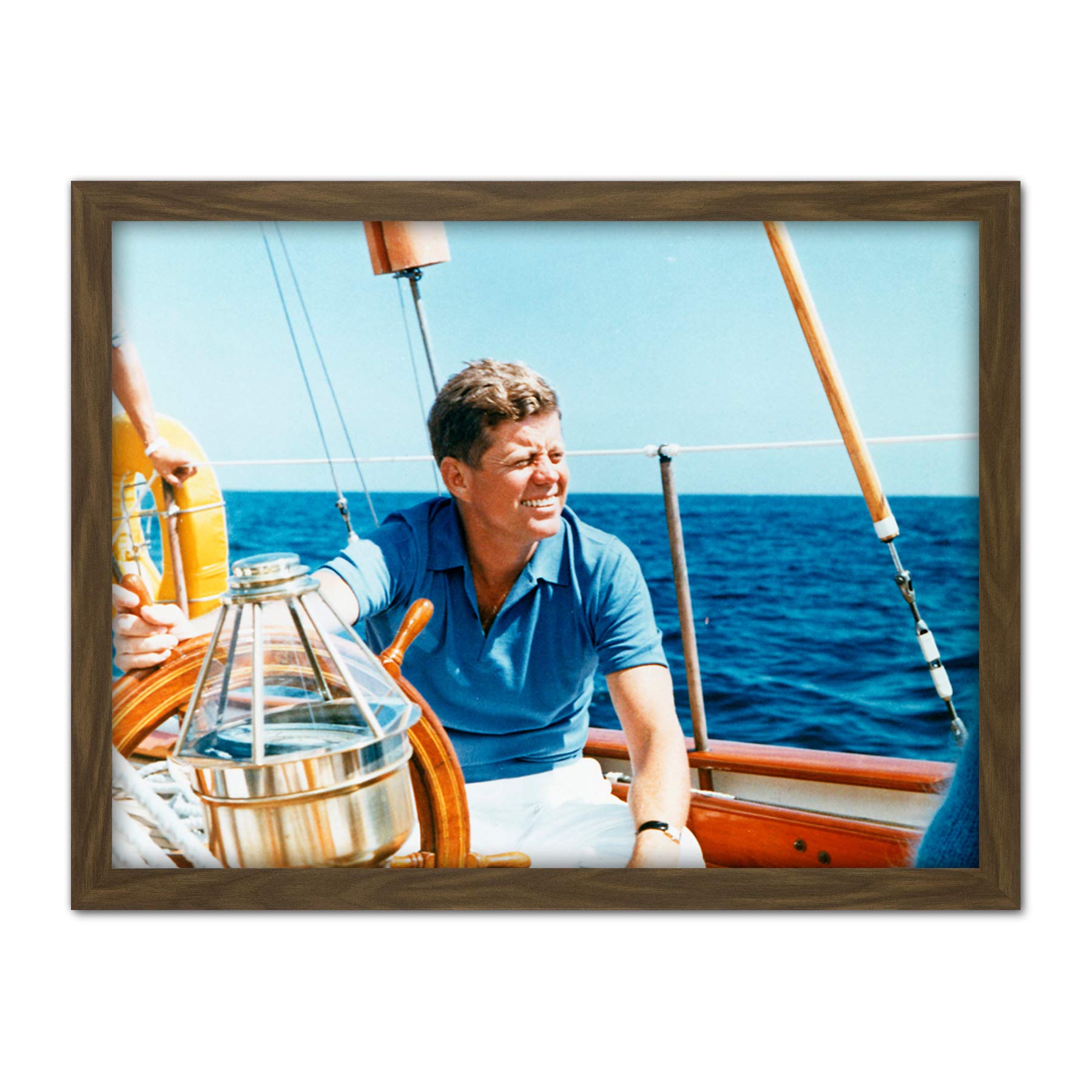 President JFK Kennedy At Wheel Yacht Manitou Photo Artwork Framed Wall Art Print 18X24 Inch