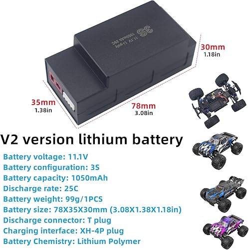 Miniatura 2 de Batería Lipo de 11.1 V 1050 mAh 25C 3S con enchufe en T y cable de carga USB adecuado para MJX H16 H16P H16E H16GT H16BM H16PL 14301 RC Car Drift de