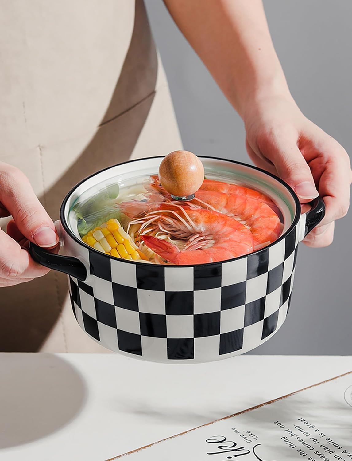 Ceramic Serving Soup Tureen Bowls with Glass Lid, Tureen Large Capacity Ceramic Serving for Home Kitchen Countertop Decoration, Microwave and Dishwasher Safe,Checkered