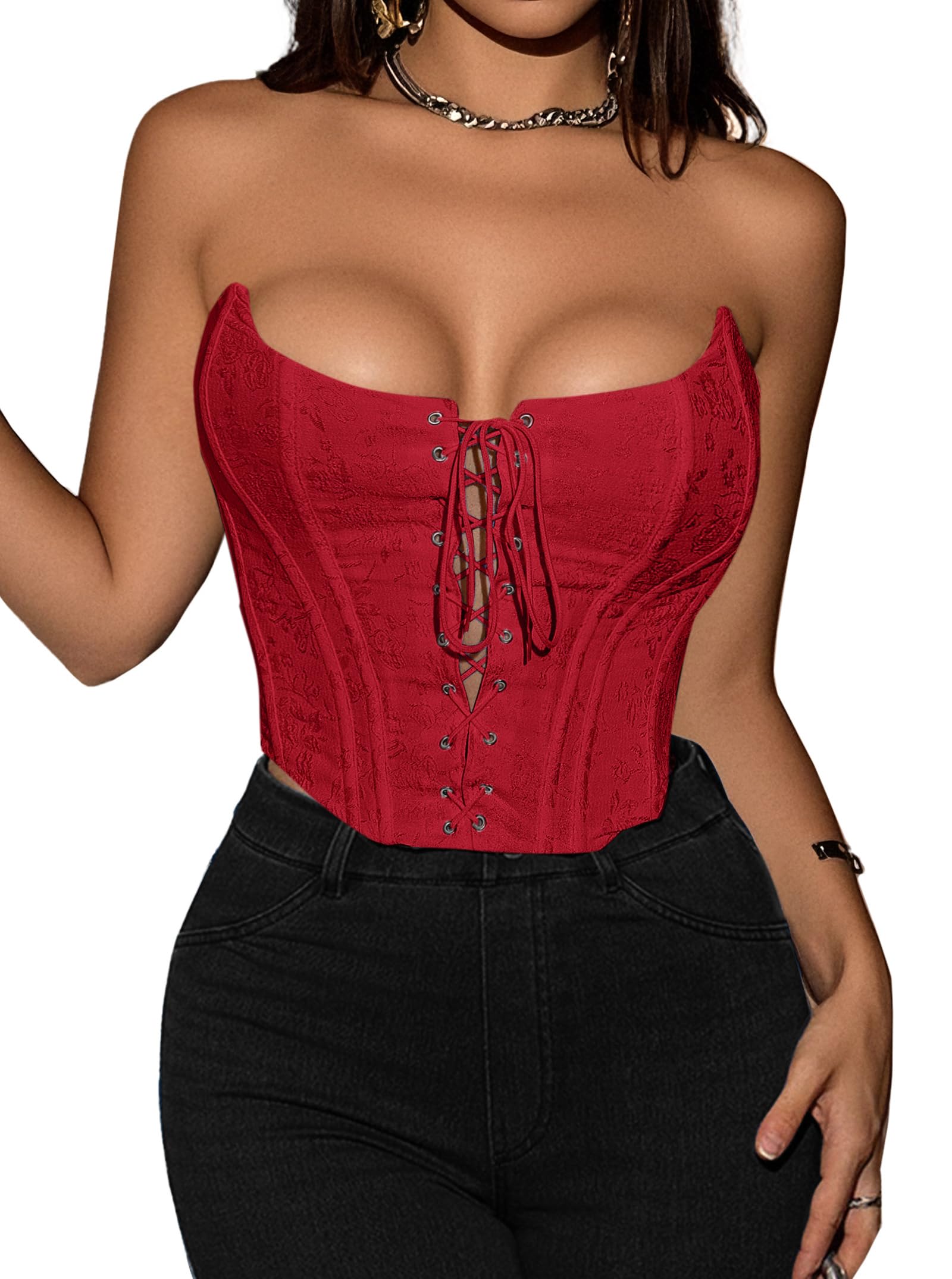 Benfoly Black Corset Tops for Women Strapless Backless Lace-Up Bustier Crop Tank Top Sleeveless Sexy Summer Going Out Top Y2K: Small Red