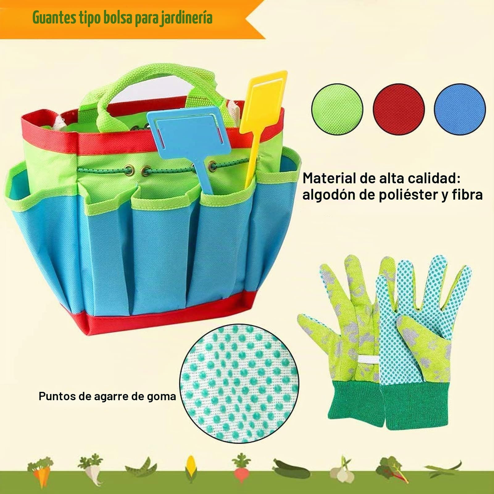 Kit de jardín para niños,Herramientas de Jardín para niños,Bolsa para Niños de Herramientas,Juego de jardinería, Bolsa de Guantes,Kit Jardinería Guantes (A)