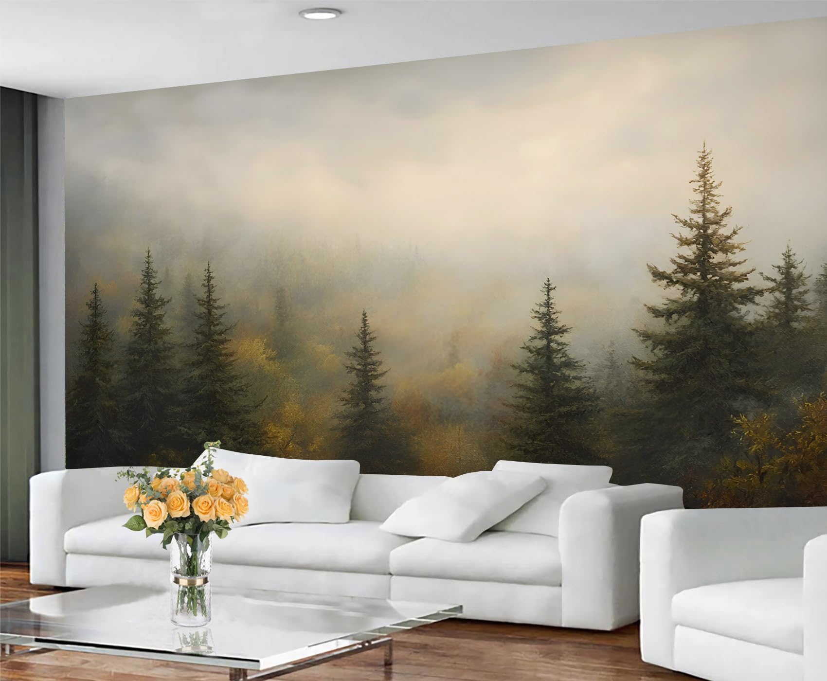 GIVLWF Misty Pines Wallpaper Mural, Foggy Forest Bedroom Wallpaper, Evergreen Tree Wall Paper for Living Room, Non-Self-Adhesive Calm Nature Murals for Walls