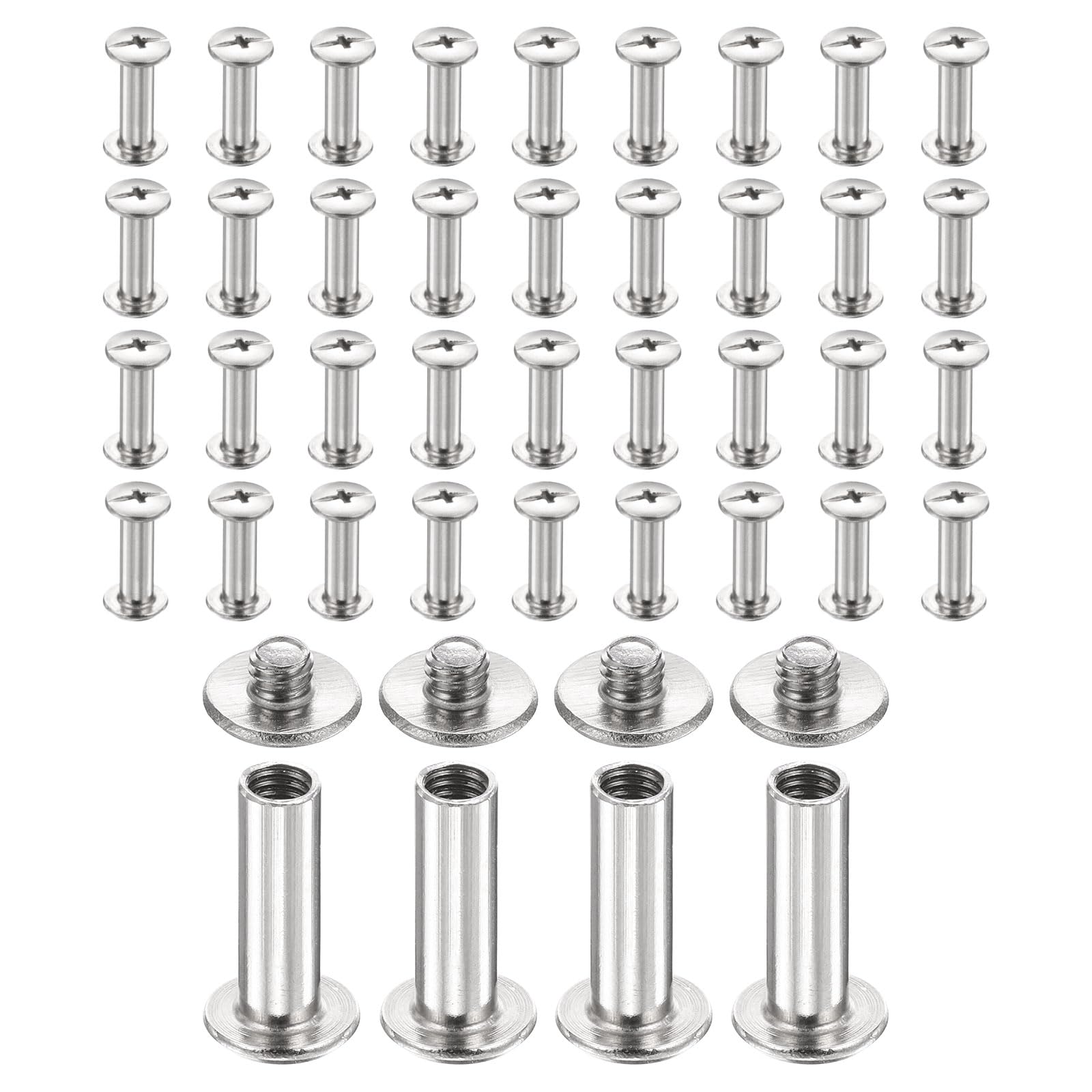 sourcing map 40set Chicago Screw M4x15mm 6mm Length Metal Phillips Nail Rivet Stud Bolts Rivets Binding Post Screw for DIY Leather Belt Bag Craft Bookbinding, Silver