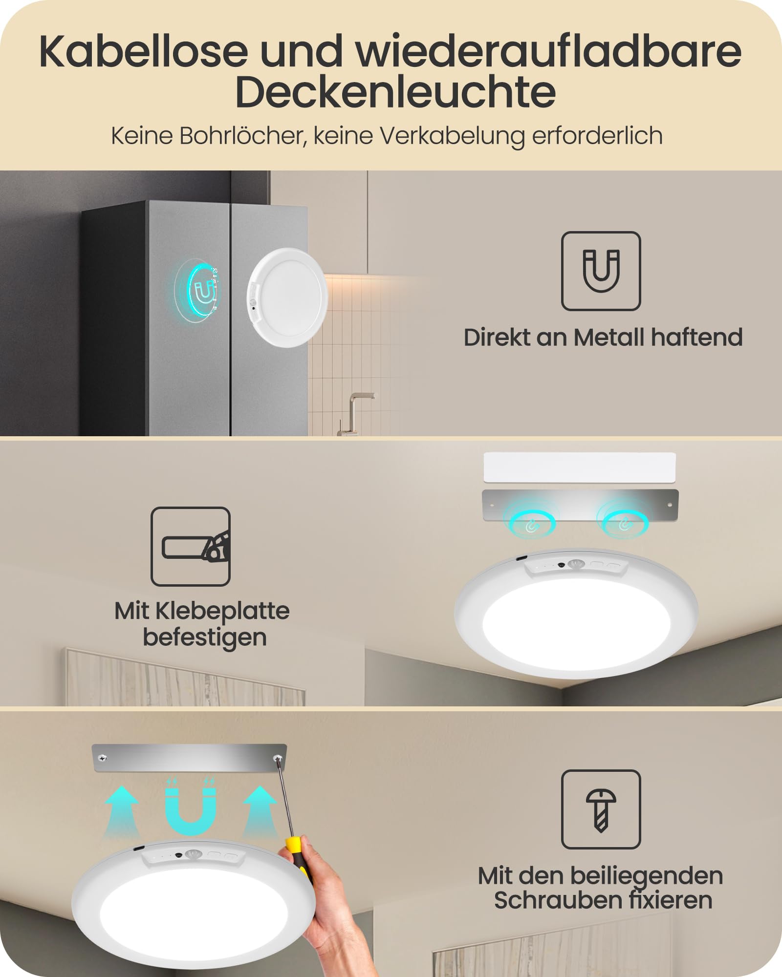 Aufladbare LED-Deckenleuchte mit Bewegungsmelder, 4er-Set | LED-geeignet; Augenschonend; nachttischlampe holz, nachttischlampe grün; Schlafzimmer, Wohnzimmer; Augenschonend
