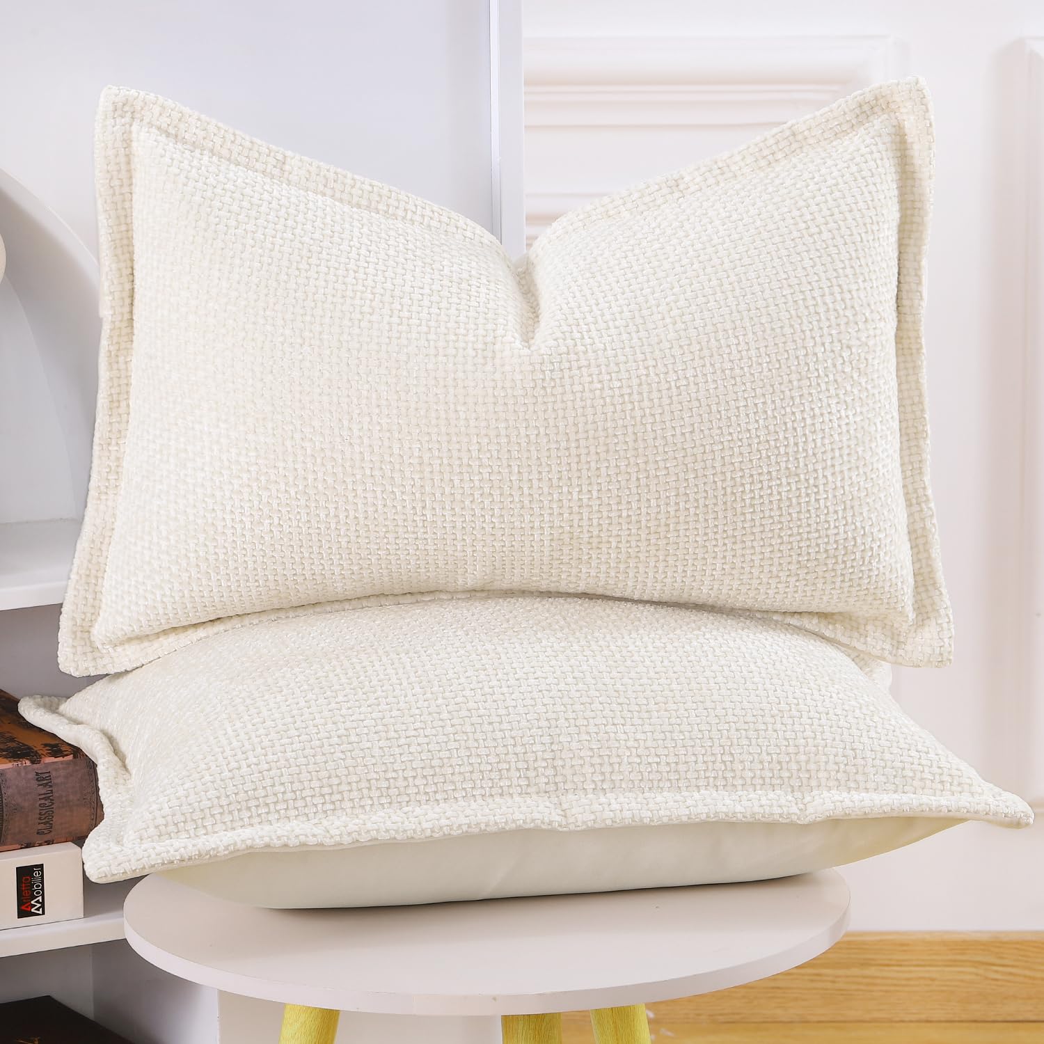 Madizz Set of 2 Chenille Velvet Cushion Covers with Flange Soft Boho Textured Throw Pillow Covers Broadside Pillowcases Modern Farmhouse Home Decor for Sofa Bedroom Cream 12x20 inch - Image 2