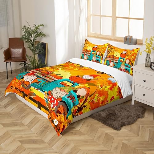 Miniatura 5 de Juego de funda de edredón para niños con diseño de calabaza otoñal, tamaño King, lindo juego de ropa de cama de cosecha de gnomos y camiones,