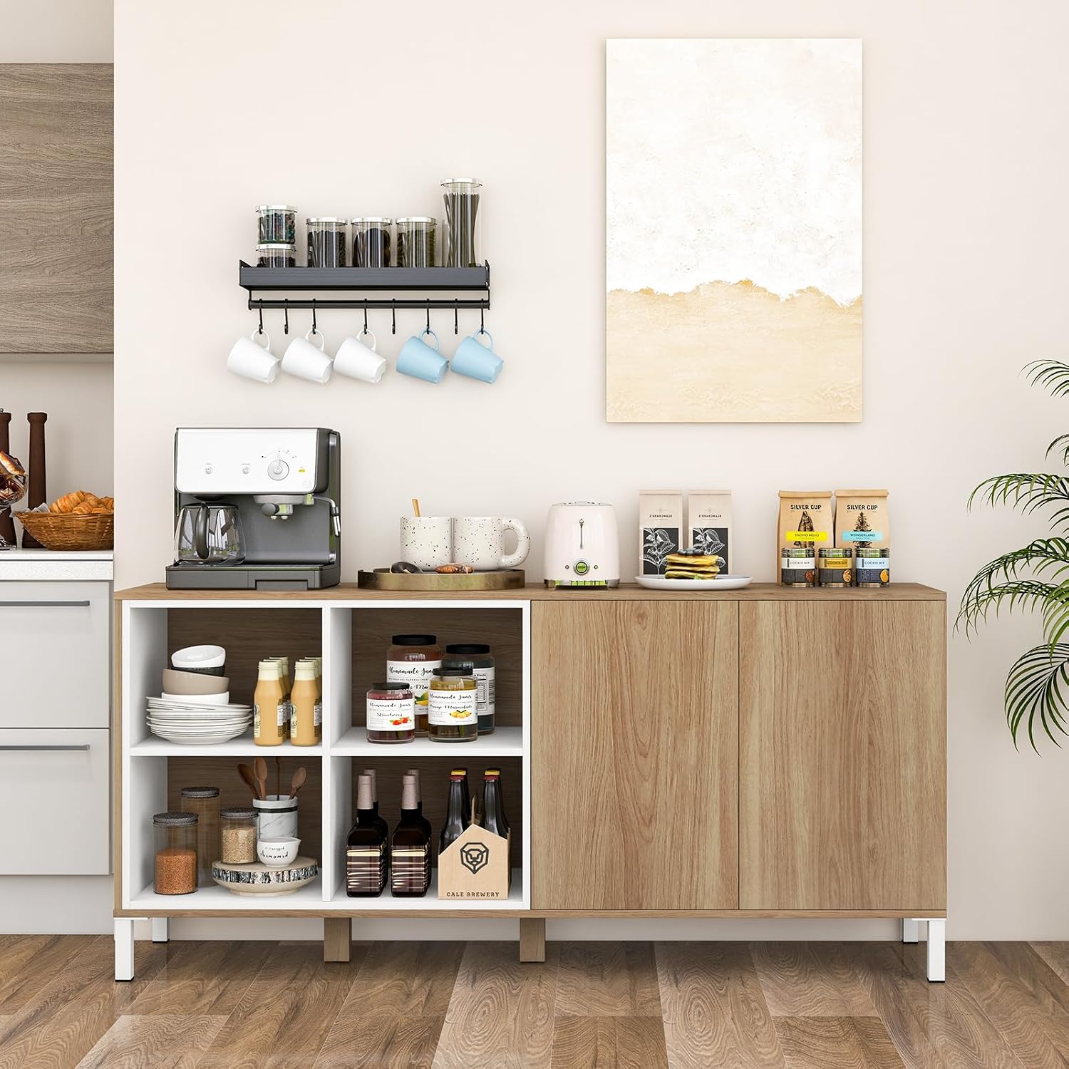 LOKO Buffet Cabinet with Storage, Kitchen Sideboard with 4 Compartments & Push-to-Open Door, Modern Coffee Bar Cabinet with Adjustable Shelf for Entryway