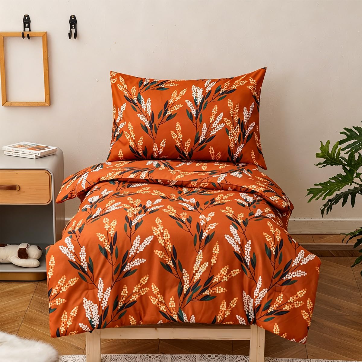 KAREVER Botanical Toddler Bedding Set Flower Print 4 Pieces Crib Bed Set Kids Burnt Orange Floral Comforter Set