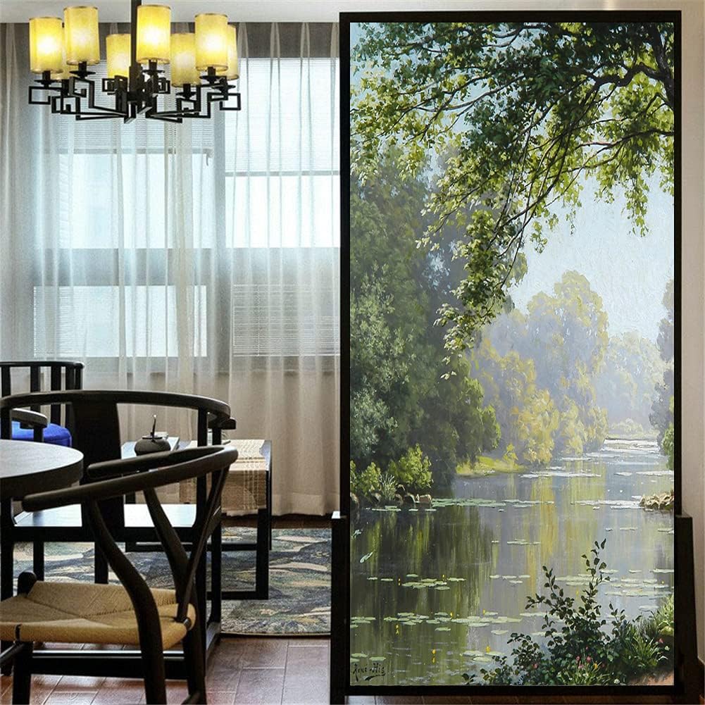 Decortive Window Film Privacy Forest Creek Landscape Oil Painting Static Cling Window Stickers No Glue Frosted Window Coverings Window Window Tint 90x200cm(35.2"x78.74")(W x L)