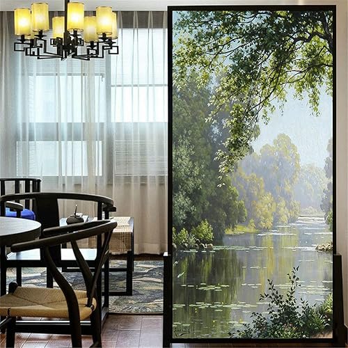 Lámina decorativa para ventana, privacidad, paisaje de bosque, creek, pintura al óleo, adhesivos estáticos para ventanas, sin pegamento,