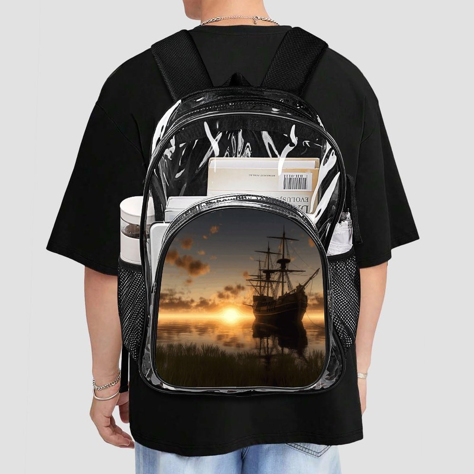 Transparenter Rucksack mit Motiv "Ship in The Lake Sunset", groß, transparent, PVC, Büchertasche für Sicherheit, Arbeit, Reisen, Stadion