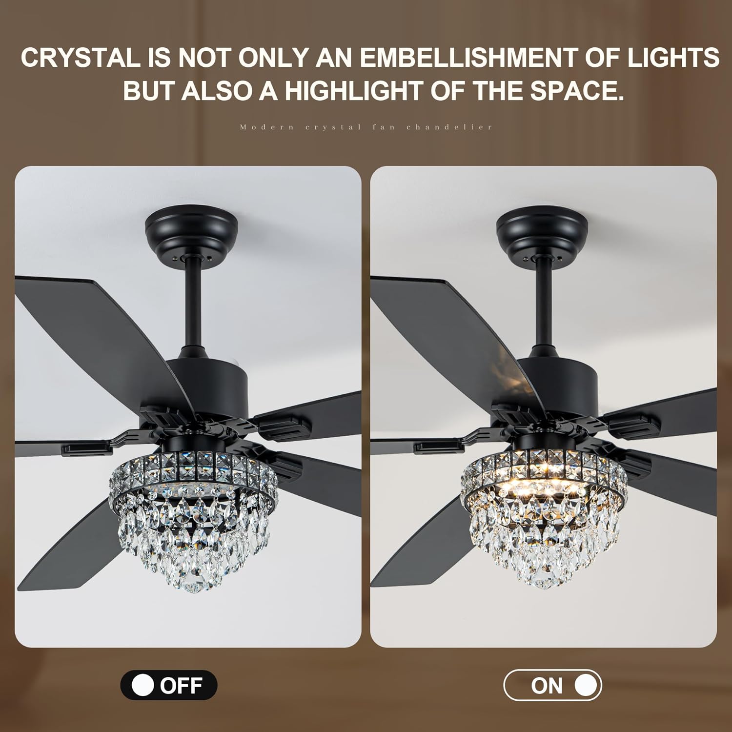 Chandelier Ceiling Fans with Lights and Remote, Chandelier Fan Ceiling,Crystal Ceiling Fan Fandelier with Lights,6 Speed 3 Timer Quiet Ceiling Fan for Bedroom (Black, 60 Inch)