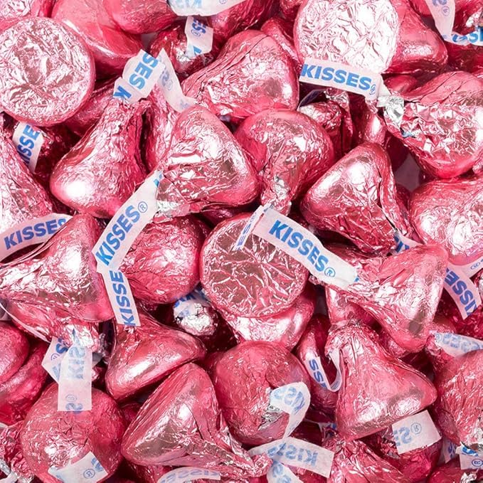 Hershe.ysKisses Milk Chocolate Candy Approx 60 Count Solid Milk Chocolate Kisses Candy In PINK Foil Wrap