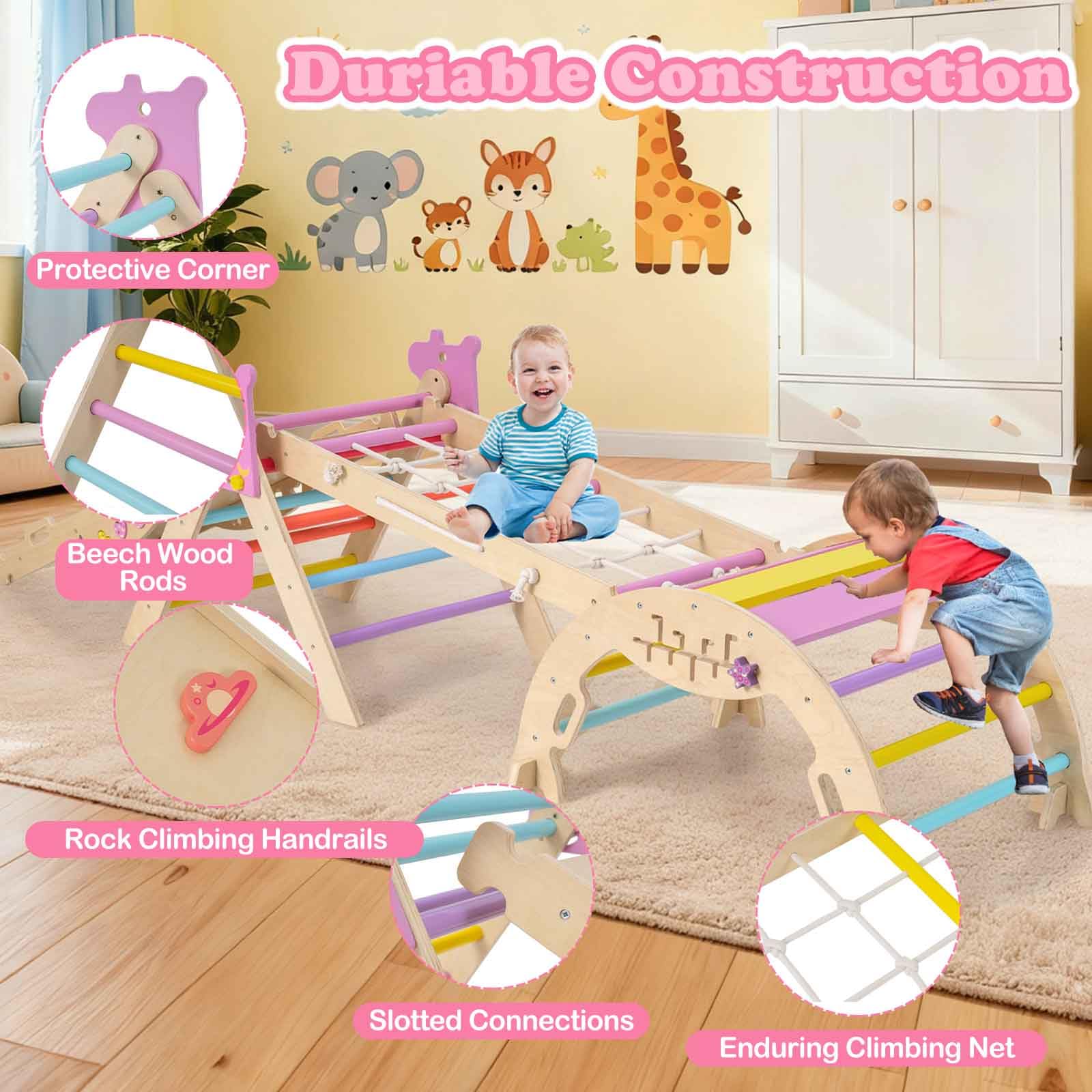 HOMASIS 4 in 1 Kletterdreieck mit Kletternetz, Kletterbogen, Wippe & Leiter, Klettergerüst mit doppelseitige Rampe & Baustein Set, Holz Sprossendreieck für Kinder ab 1 Jahr (Macaron, Einhorn)