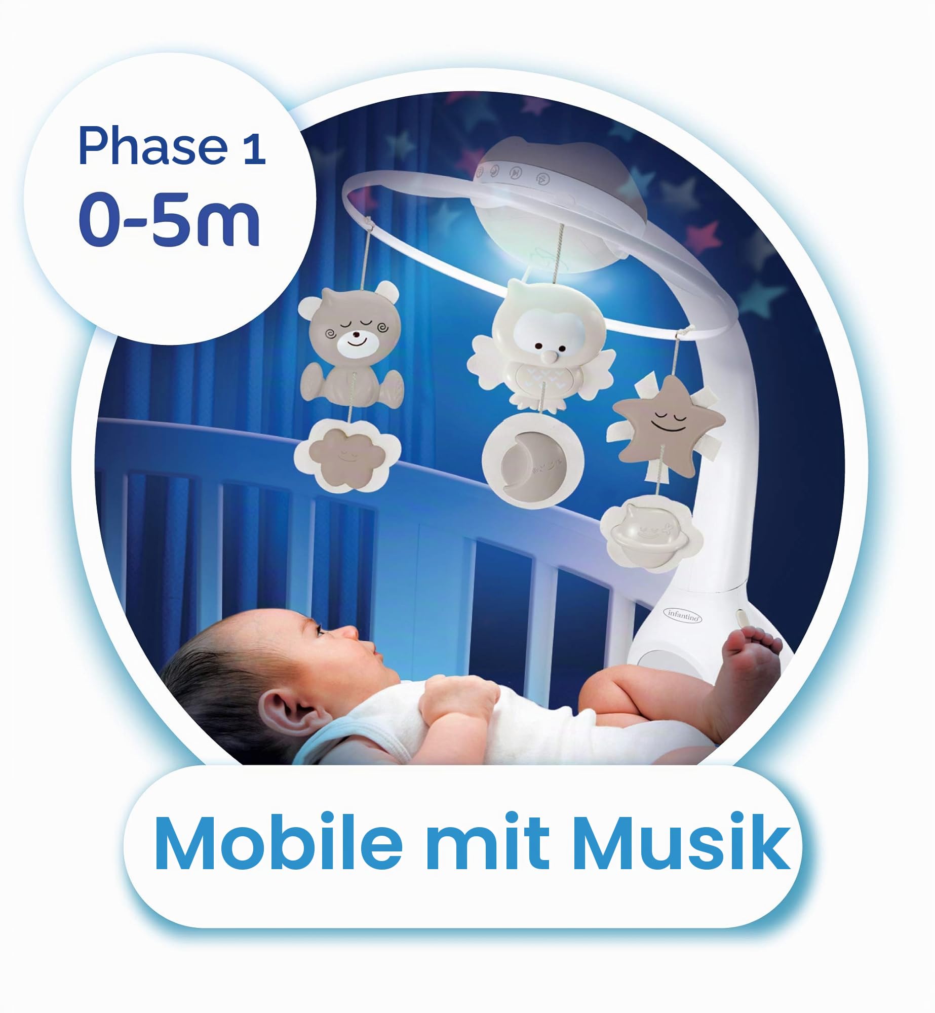 Infantino 3-in-1 Projektor Musik-Mobile, Umwandelbares Mobile, Lichtprojektor für Tisch & Kinderbett mit Weckmodus zur Tageslichtsimulation, Inkl. 6 Melodien & 4 Naturgeräuschen, Grau
