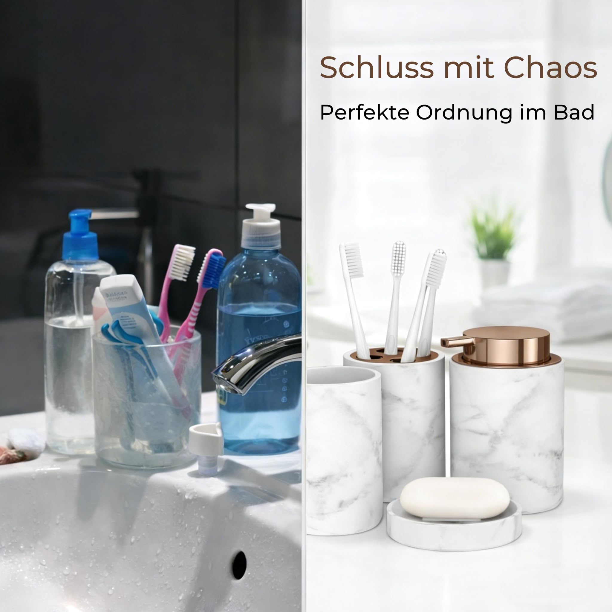 Badezimmer Set 4 TLG Marmor – Badaccessoires Set mit Seifenspender, Zahnputzbecher & Zahnbürstenhalter – Badezimmer Zubehör Organizer modern weiß Copper – Bad Deko bonVIVO