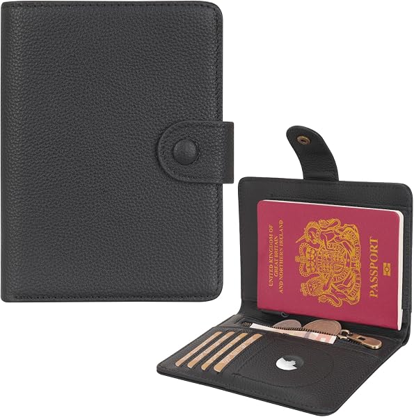 WASON Porta Passaporto in Vera Pelle con RFID, Portafoglio da Viaggio, Scomparti Carte, Tasca Contanti, Portamonete, Slot Tracker, Organizzatore Biglietti Aerei per Uomo e Donna(Zwart) - 1