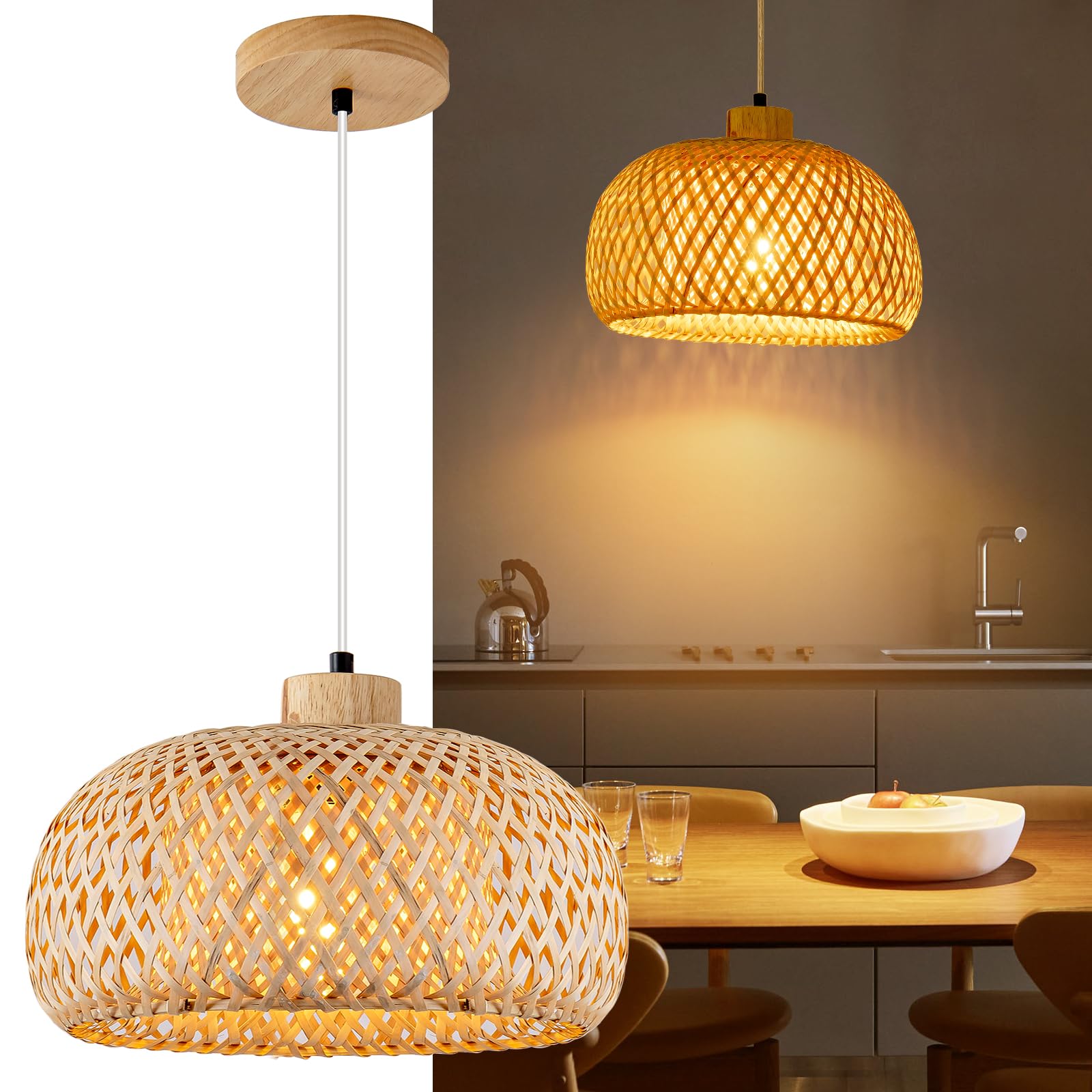 Mikeru Hand Woven Pendant Light, 45cm Bamboo Pendant Light, Bohemian Natural Bamboo Farmhouse Chandelier for Dining Room, Kitchen, Cafe, Bar, Tea Room — image 1