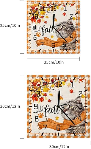 Miniatura 7 de Hello Fall Wooden Wall Clock Silent Non Ticking, Thanksgiving Cat Scarf Maple Leaf Orange Plaid Square Wall Clock Battery Operated, Decor Clock for