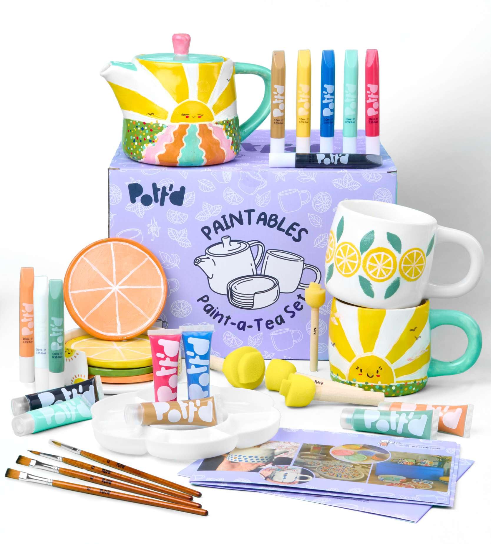 Pott’d Paintables Paint-a-Tea Set, DIY Pottery Painting Kit for Adults with Teapot, Mugs, Coasters, Paints, Brushes, Sponges, Palette and Guide, Craft Kit for Beginners and Tea Lovers
