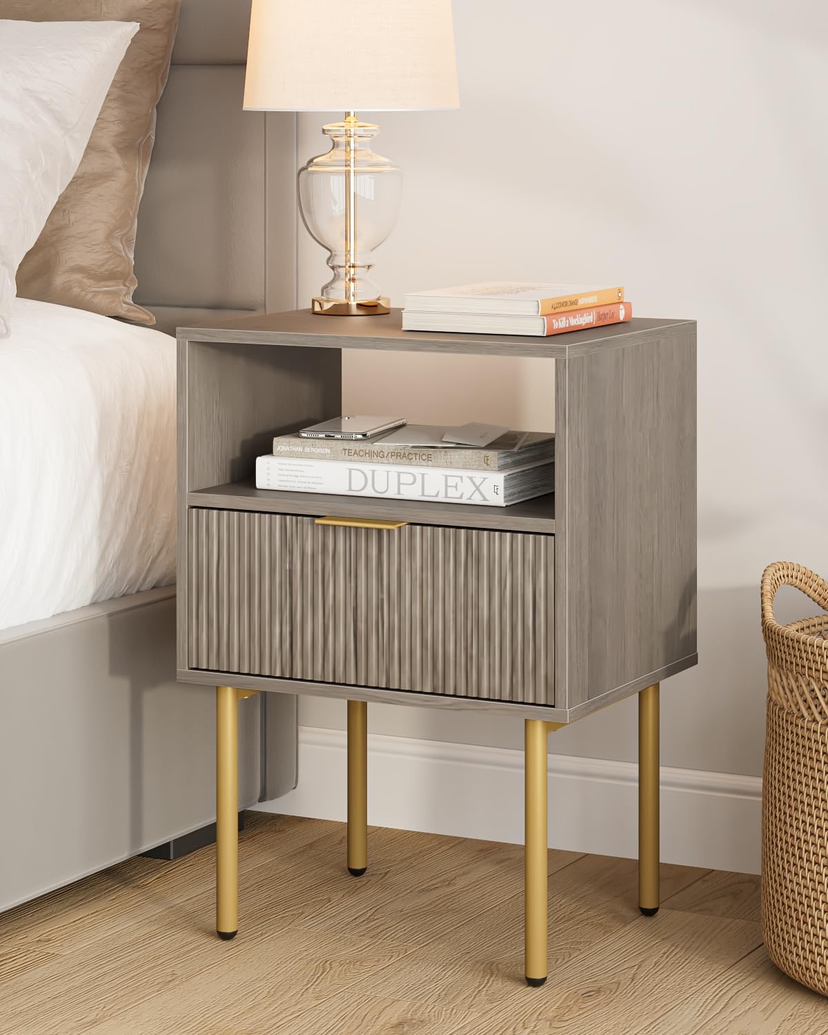 Masupu Night Stand,Mid-Century Modern Bedside Table with Storage Drawer and Open Wood Shelf,Small Gold Frame Side Table for Bedroom,Living Room, Grey