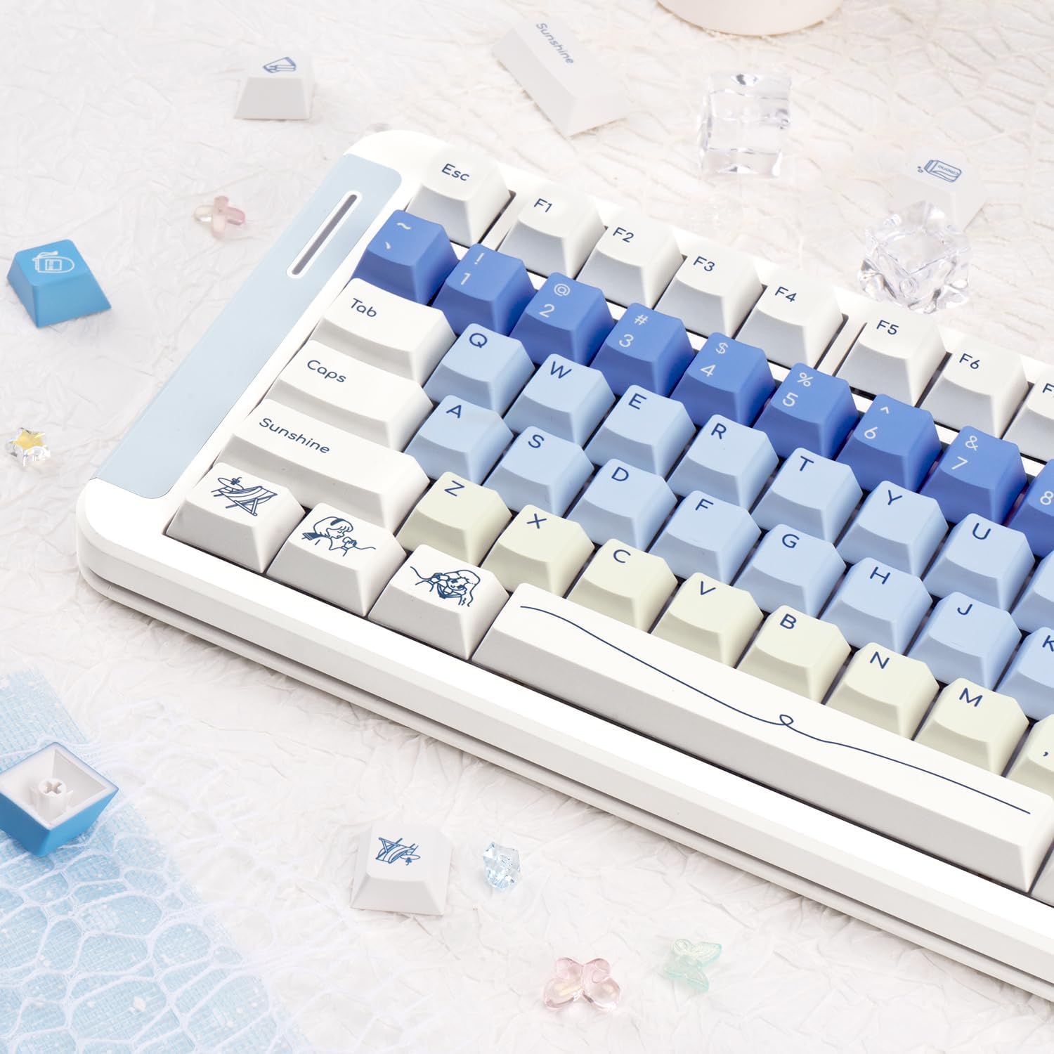 130 Keys Cherry Profile PBT Keycaps, Blue and White Keycaps Set, Custom Minimalist Key Caps, Five Sided Dye Sublimation Creamy Key Caps for Cherry MX Switches ANSI Mechanical Gaming Keyboard