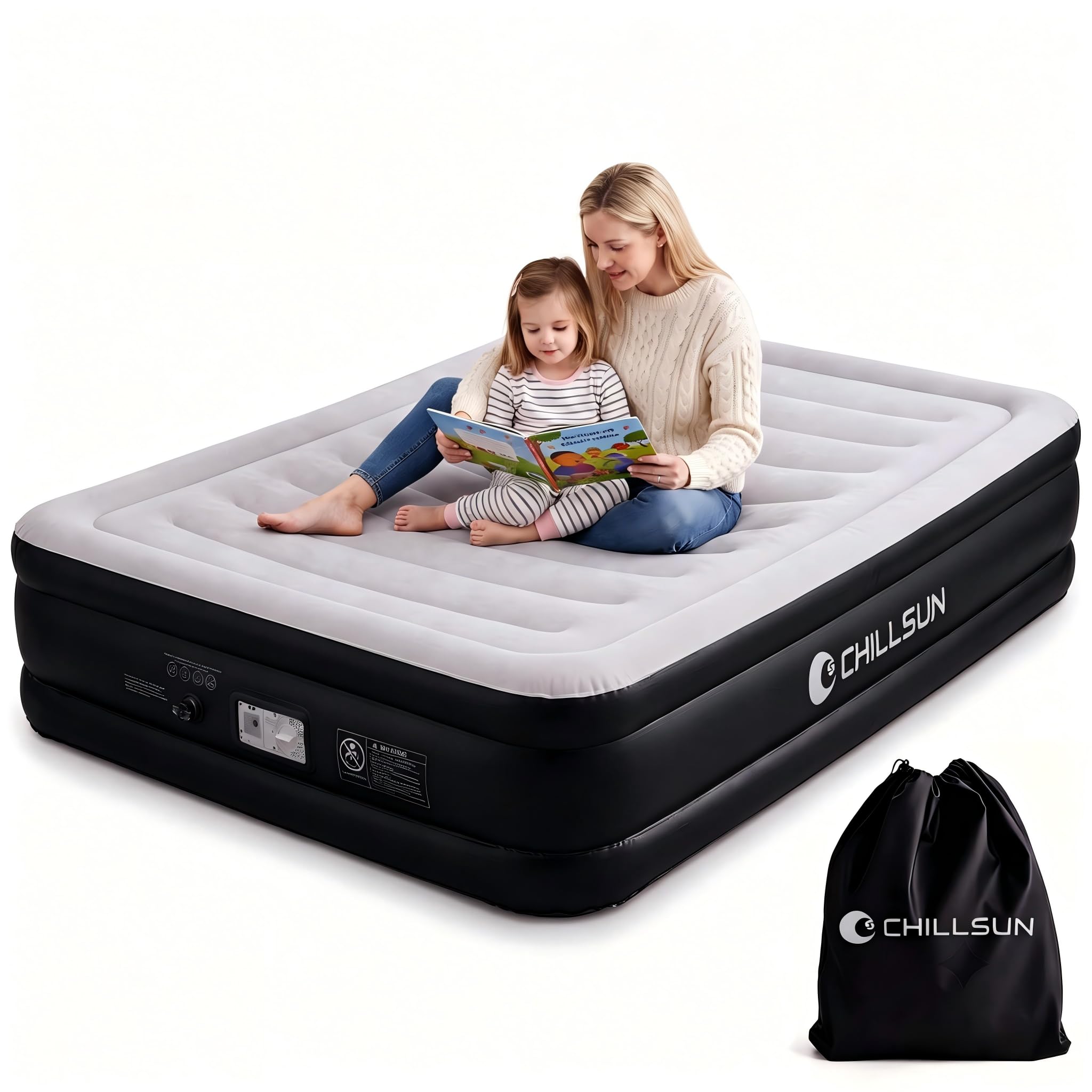 CHILLSUN Materasso ad aria doppio, 190 x 135 x 46 cm, letto ad aria per 2 persone, con pompa ad aria elettrica integrata, letto per ospiti, autogonfiabile, per campeggio, viaggi e casa
